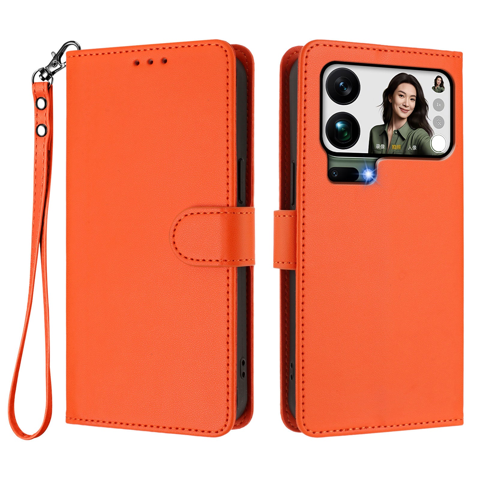 For Xiaomi 17 Pro Max Leather Case Wallet Stand Phone Cover with Wrist Strap - Orange