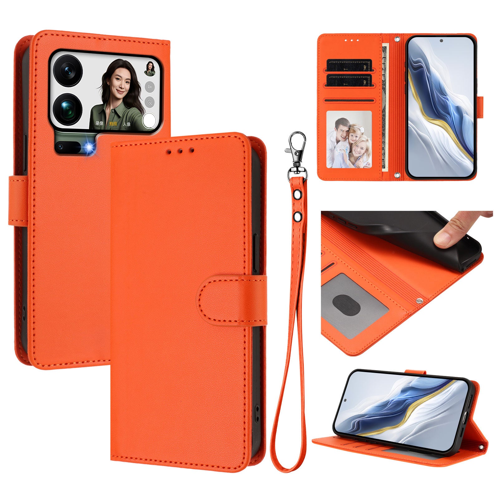 For Xiaomi 17 Pro Max Leather Case Wallet Stand Phone Cover with Wrist Strap - Orange