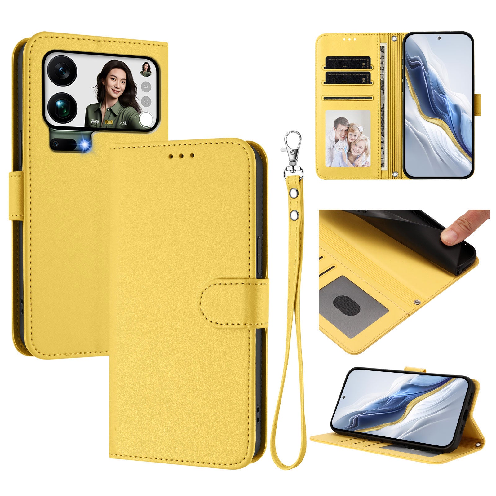 For Xiaomi 17 Pro Max Leather Case Wallet Stand Phone Cover with Wrist Strap - Yellow