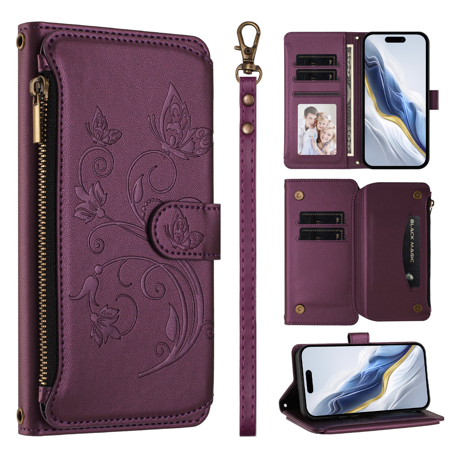 For Xiaomi 17 Pro Max Leather Case Butterfly Floral Imprint Zipper Wallet Stand Cover with Wrist Strap - Purple