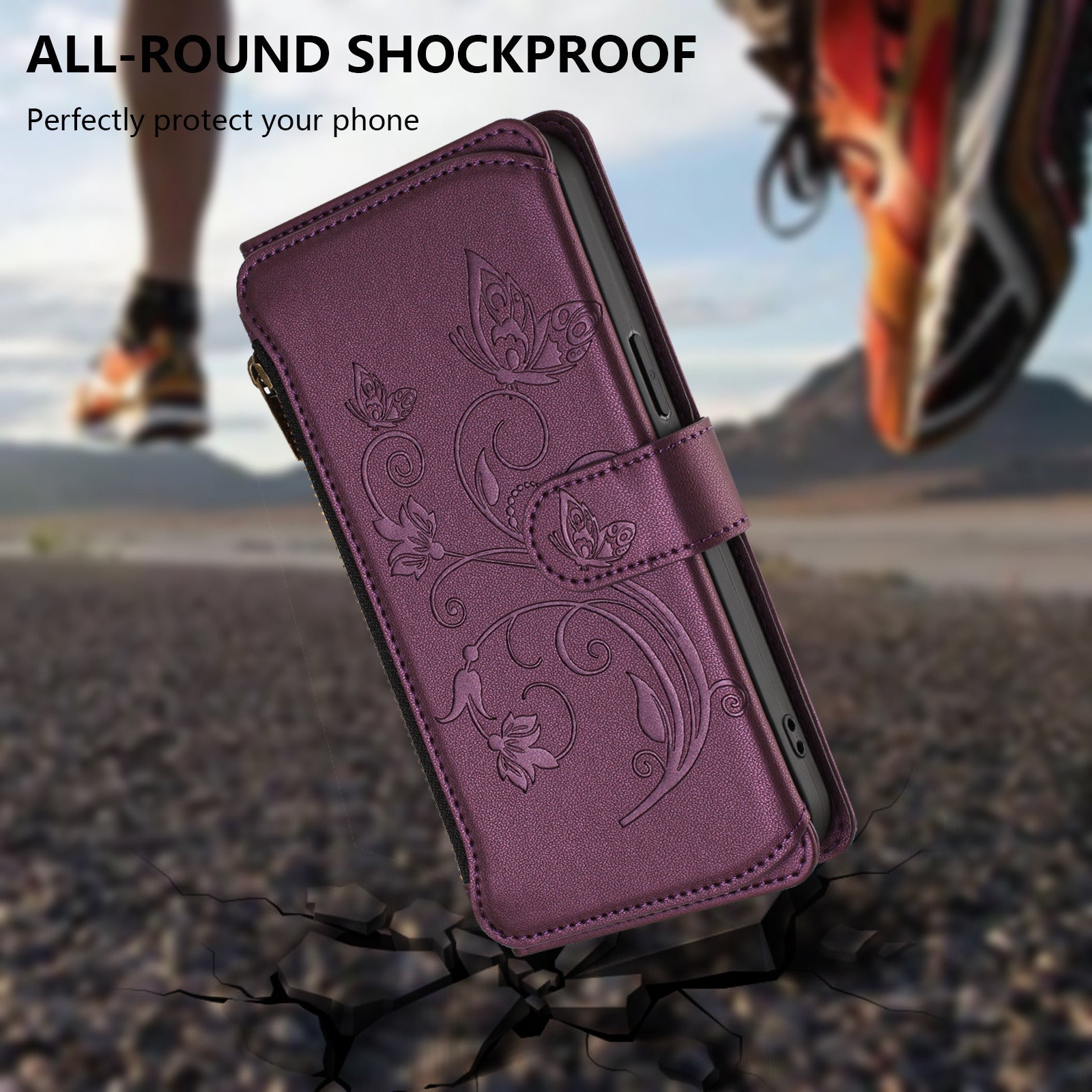 For Xiaomi 17 Pro Max Leather Case Butterfly Floral Imprint Zipper Wallet Stand Cover with Wrist Strap - Purple