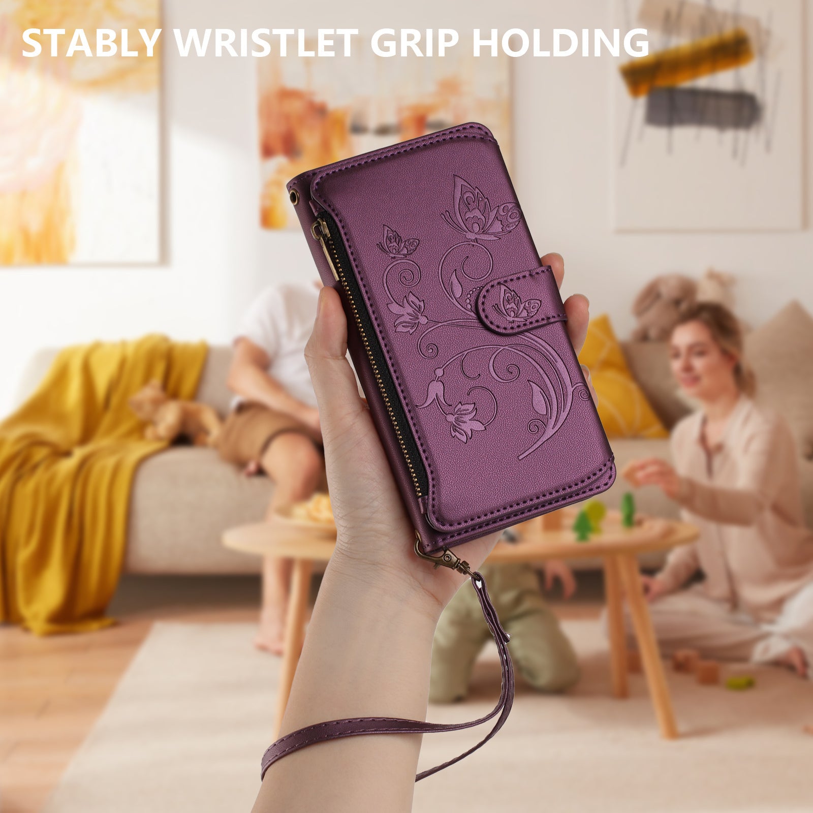For Xiaomi 17 Pro Max Leather Case Butterfly Floral Imprint Zipper Wallet Stand Cover with Wrist Strap - Purple