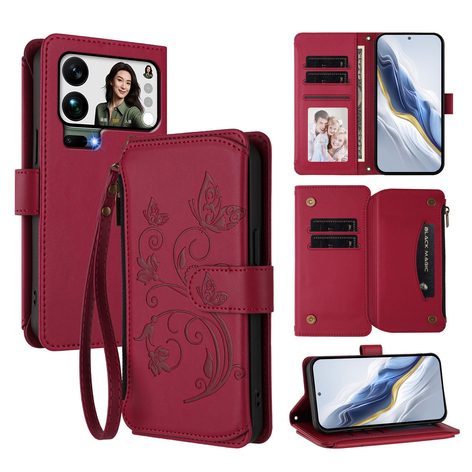 For Xiaomi 17 Pro Max Leather Case Butterfly Floral Imprint Zipper Wallet Stand Cover with Wrist Strap - Wine Red