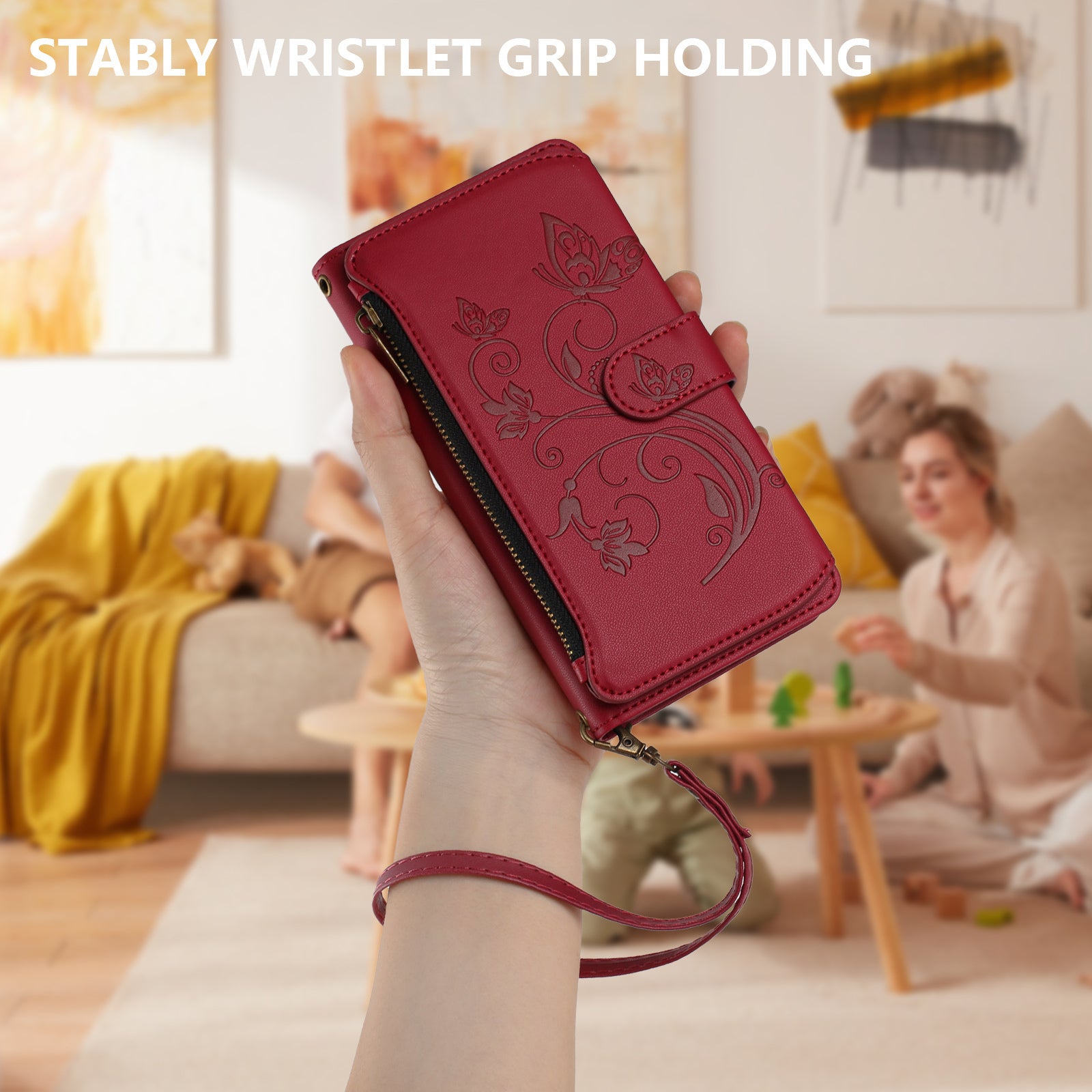 For Xiaomi 17 Pro Max Leather Case Butterfly Floral Imprint Zipper Wallet Stand Cover with Wrist Strap - Wine Red