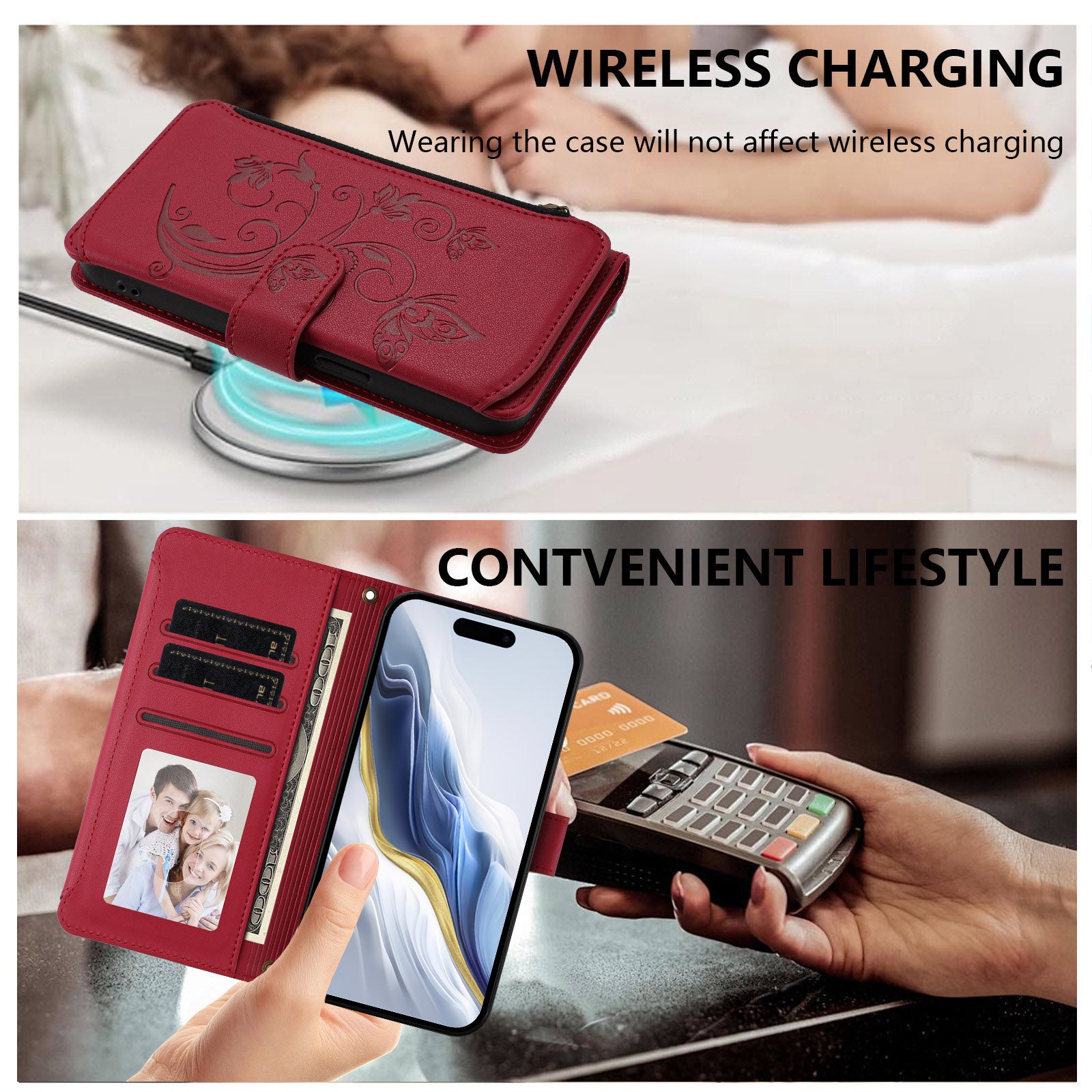 For Xiaomi 17 Pro Max Leather Case Butterfly Floral Imprint Zipper Wallet Stand Cover with Wrist Strap - Wine Red