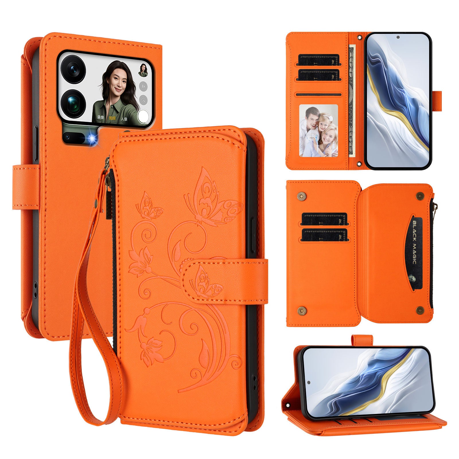 For Xiaomi 17 Pro Max Leather Case Butterfly Floral Imprint Zipper Wallet Stand Cover with Wrist Strap - Orange