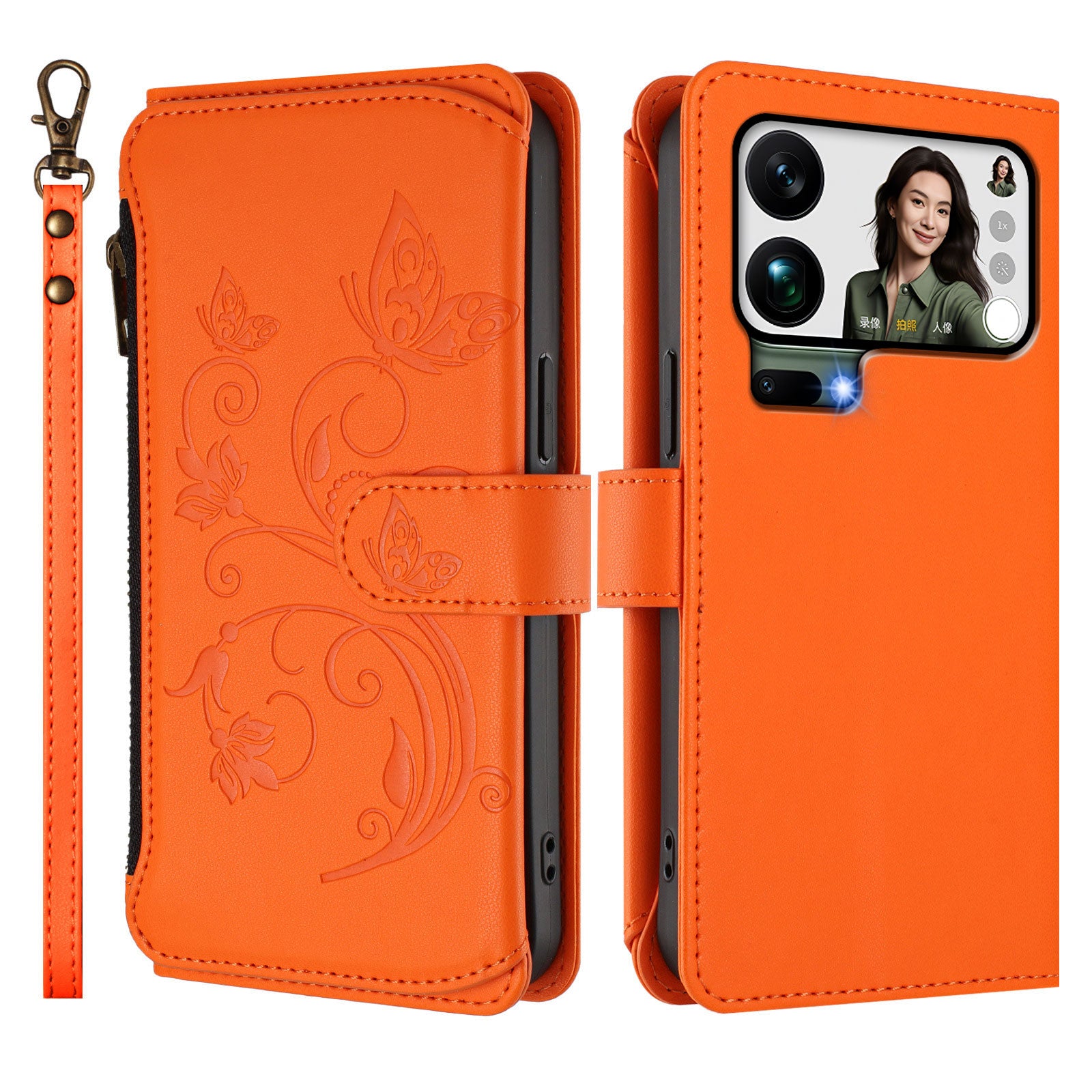 For Xiaomi 17 Pro Max Leather Case Butterfly Floral Imprint Zipper Wallet Stand Cover with Wrist Strap - Orange