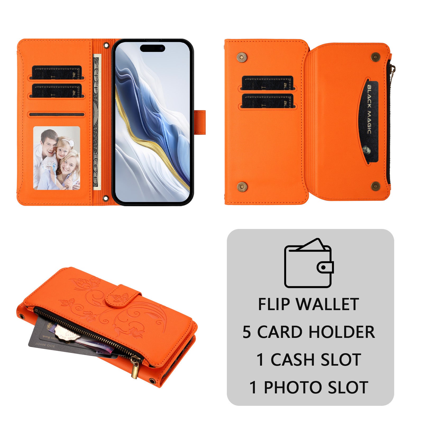 For Xiaomi 17 Pro Max Leather Case Butterfly Floral Imprint Zipper Wallet Stand Cover with Wrist Strap - Orange