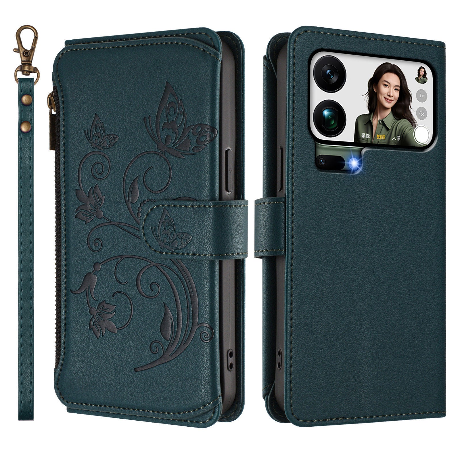 For Xiaomi 17 Pro Max Leather Case Butterfly Floral Imprint Zipper Wallet Stand Cover with Wrist Strap - Green