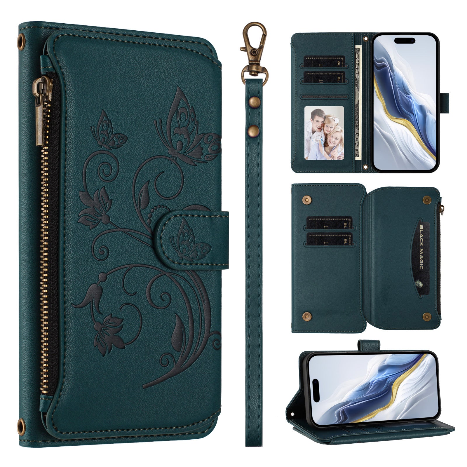 For Xiaomi 17 Pro Max Leather Case Butterfly Floral Imprint Zipper Wallet Stand Cover with Wrist Strap - Green