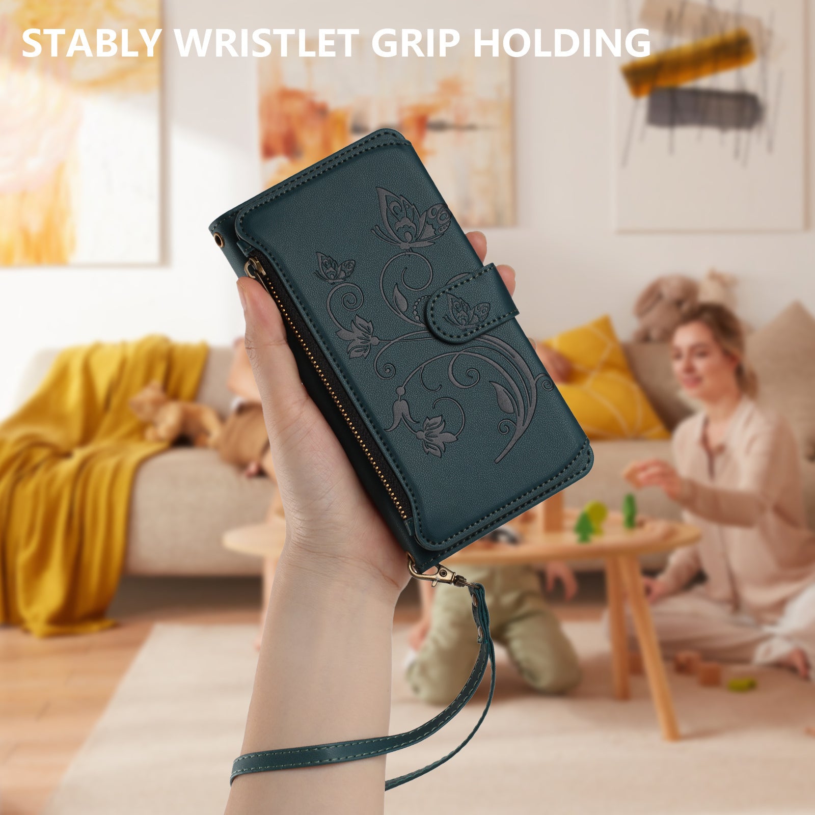 For Xiaomi 17 Pro Max Leather Case Butterfly Floral Imprint Zipper Wallet Stand Cover with Wrist Strap - Green