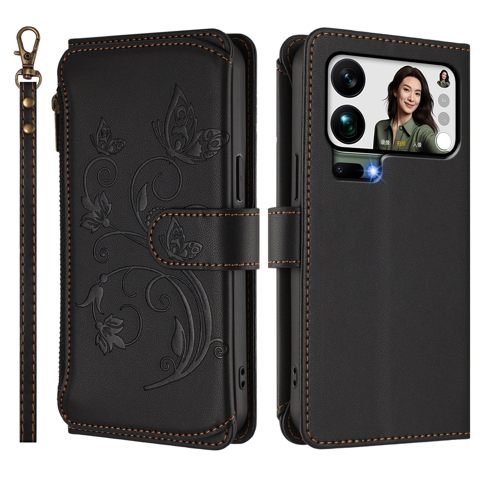 For Xiaomi 17 Pro Max Leather Case Butterfly Floral Imprint Zipper Wallet Stand Cover with Wrist Strap - Black