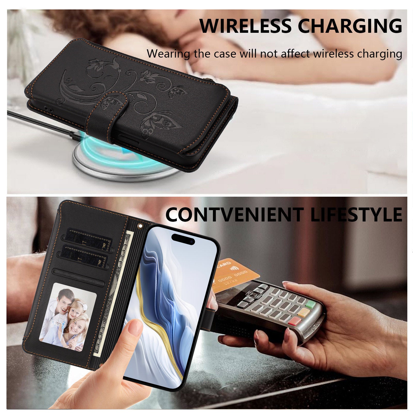 For Xiaomi 17 Pro Max Leather Case Butterfly Floral Imprint Zipper Wallet Stand Cover with Wrist Strap - Black