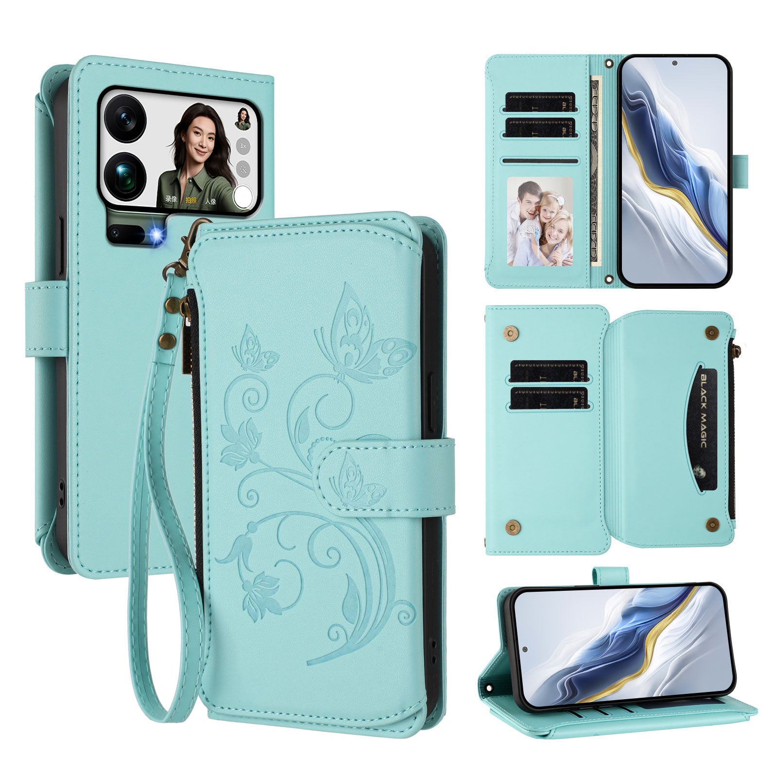 For Xiaomi 17 Pro Max Leather Case Butterfly Floral Imprint Zipper Wallet Stand Cover with Wrist Strap - Mint Green