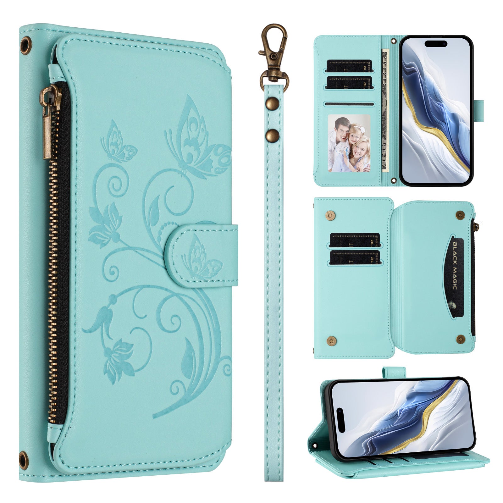 For Xiaomi 17 Pro Max Leather Case Butterfly Floral Imprint Zipper Wallet Stand Cover with Wrist Strap - Mint Green