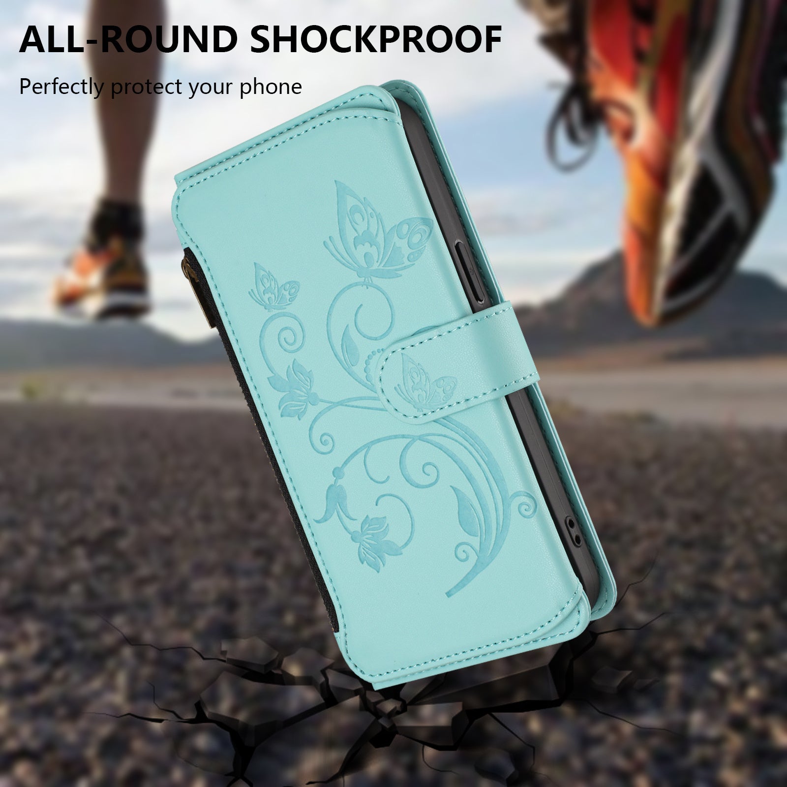 For Xiaomi 17 Pro Max Leather Case Butterfly Floral Imprint Zipper Wallet Stand Cover with Wrist Strap - Mint Green