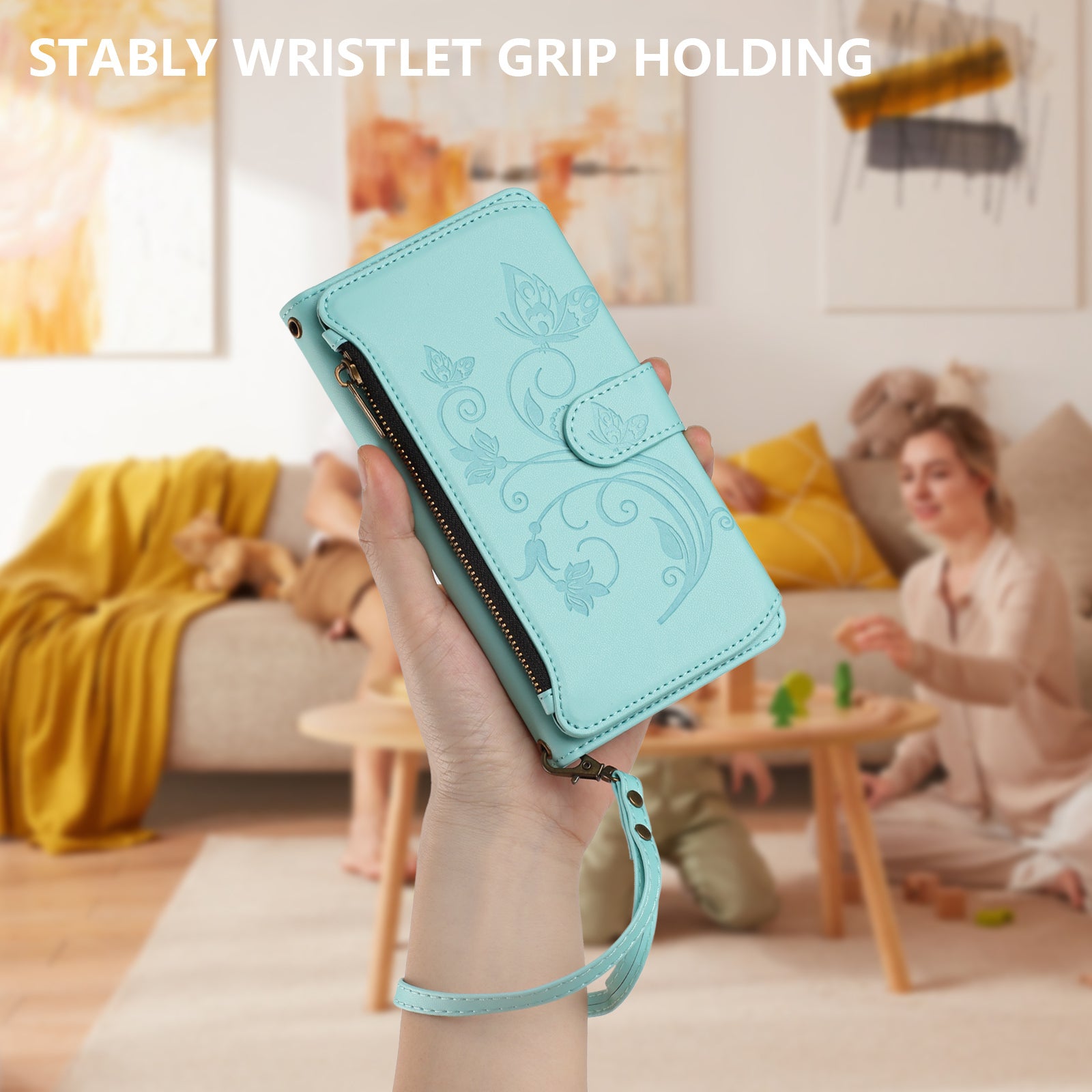 For Xiaomi 17 Pro Max Leather Case Butterfly Floral Imprint Zipper Wallet Stand Cover with Wrist Strap - Mint Green