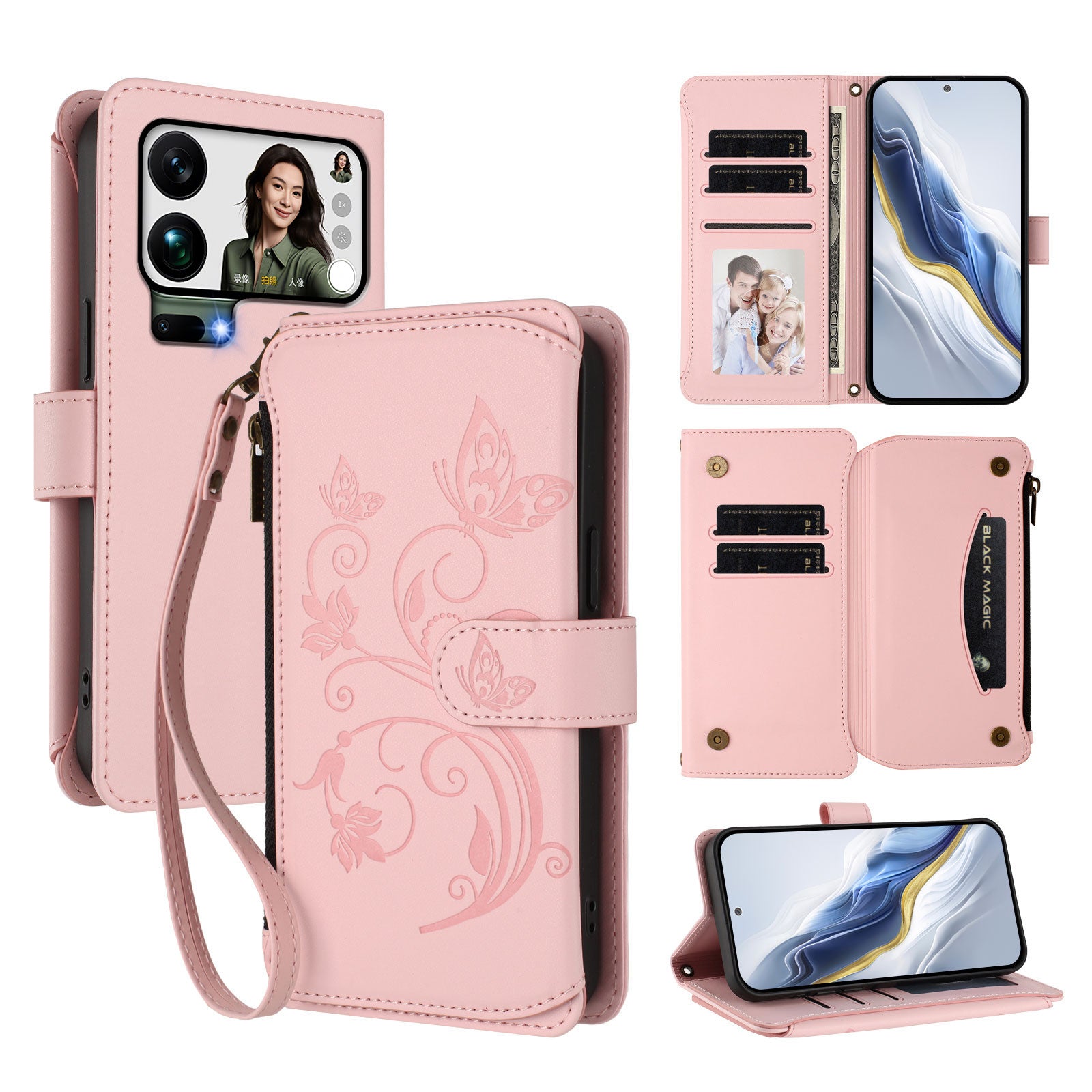 For Xiaomi 17 Pro Max Leather Case Butterfly Floral Imprint Zipper Wallet Stand Cover with Wrist Strap - Pink