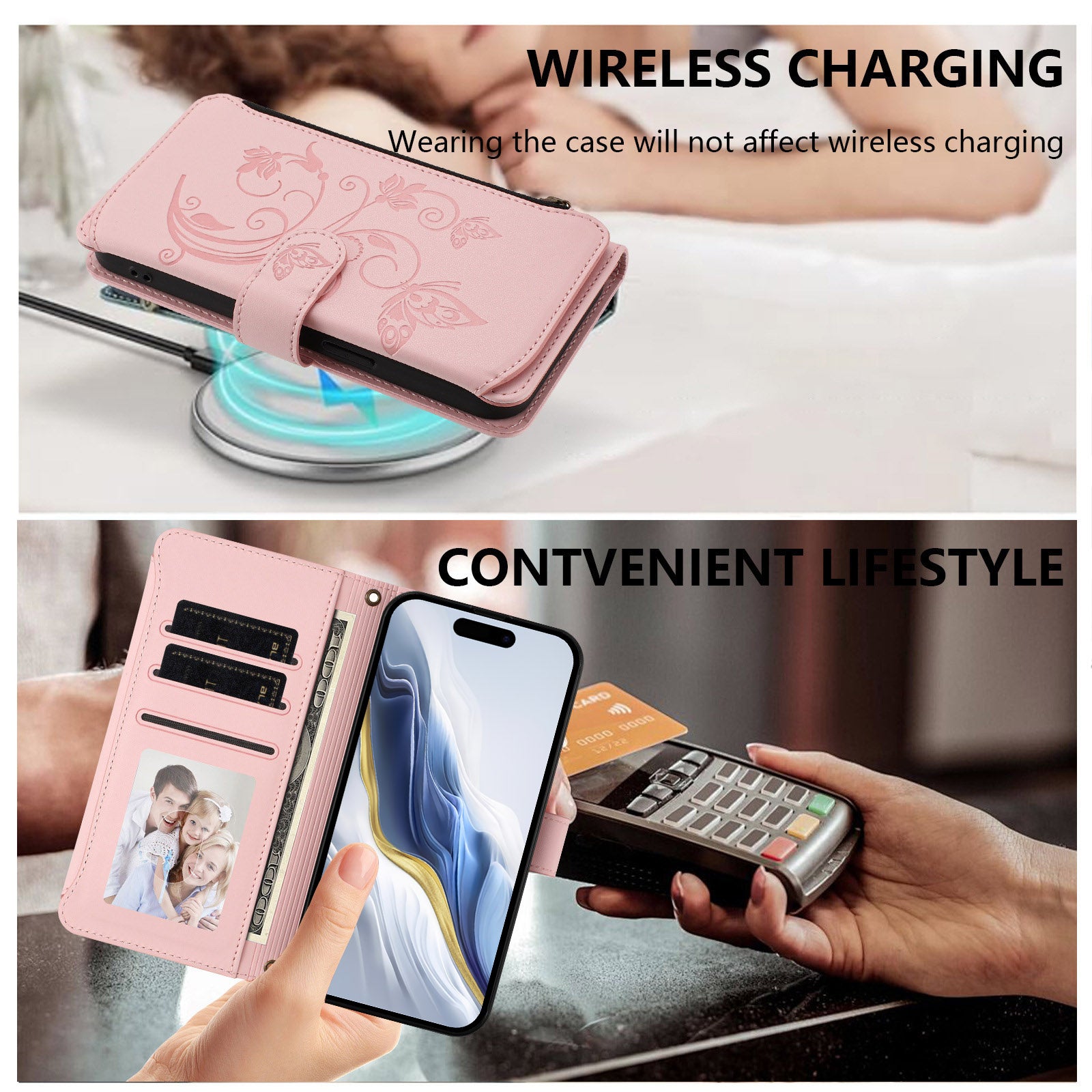For Xiaomi 17 Pro Max Leather Case Butterfly Floral Imprint Zipper Wallet Stand Cover with Wrist Strap - Pink