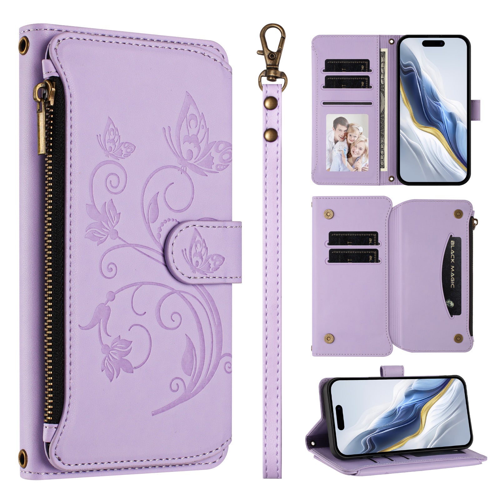 For Xiaomi 17 Pro Max Leather Case Butterfly Floral Imprint Zipper Wallet Stand Cover with Wrist Strap - Light Purple
