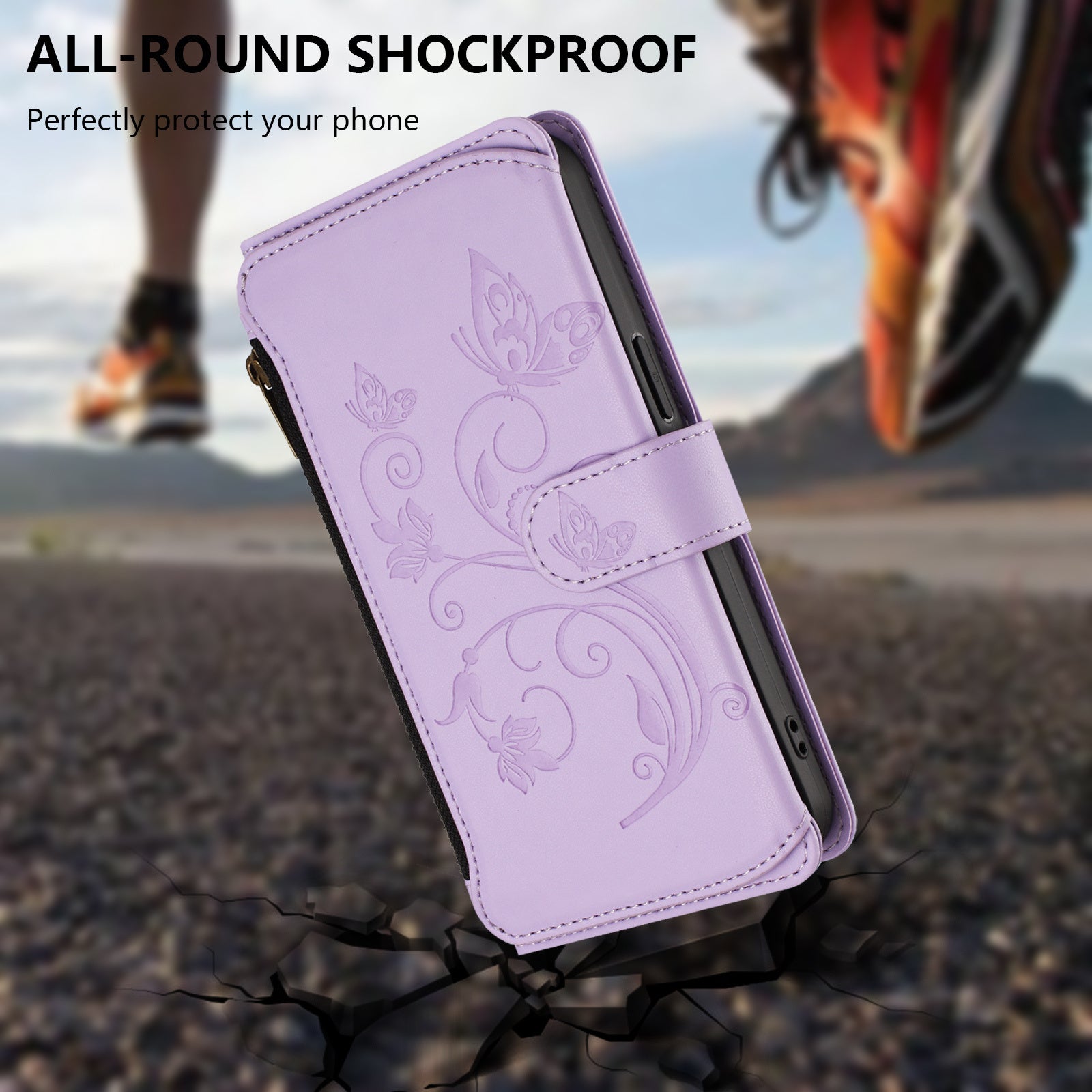 For Xiaomi 17 Pro Max Leather Case Butterfly Floral Imprint Zipper Wallet Stand Cover with Wrist Strap - Light Purple