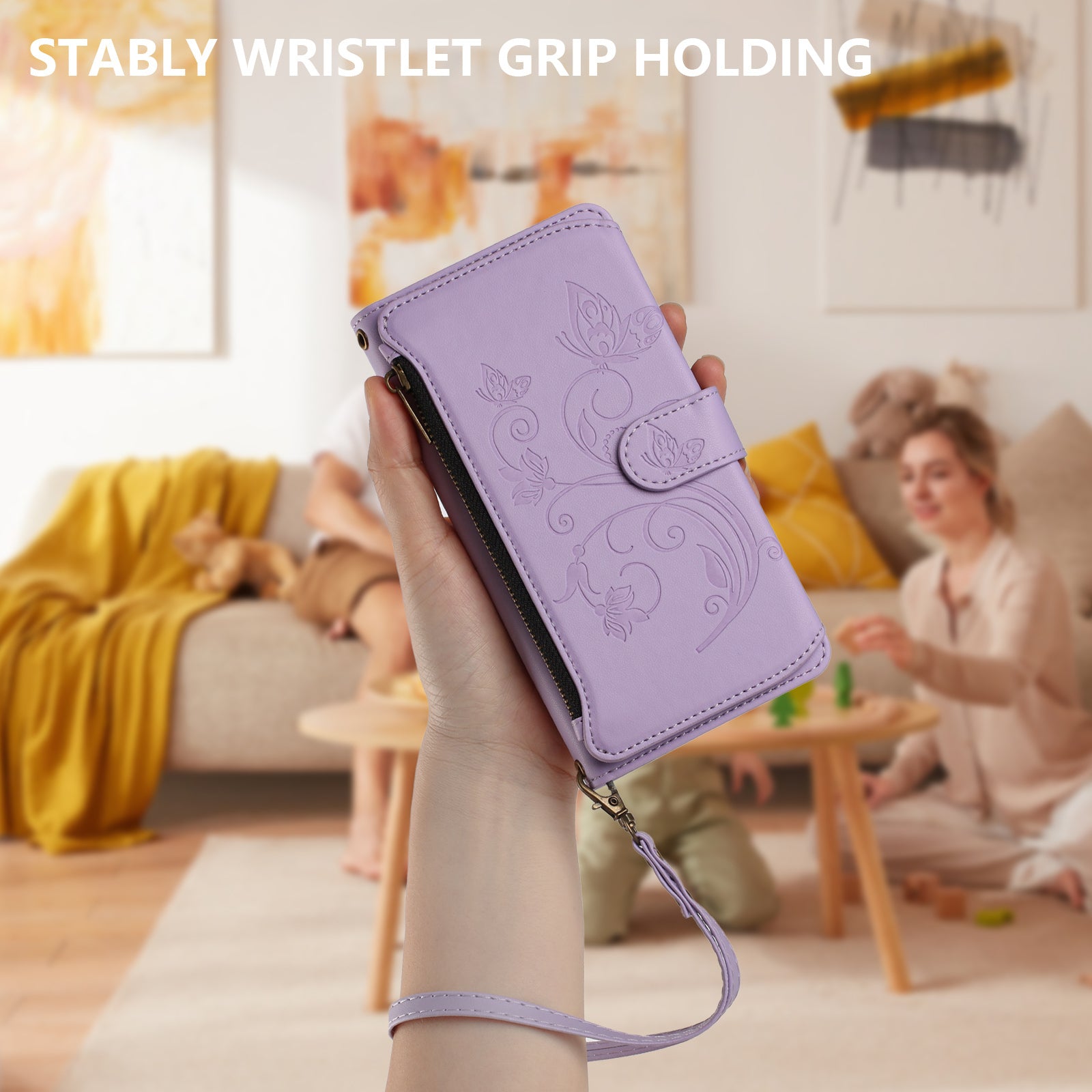 For Xiaomi 17 Pro Max Leather Case Butterfly Floral Imprint Zipper Wallet Stand Cover with Wrist Strap - Light Purple