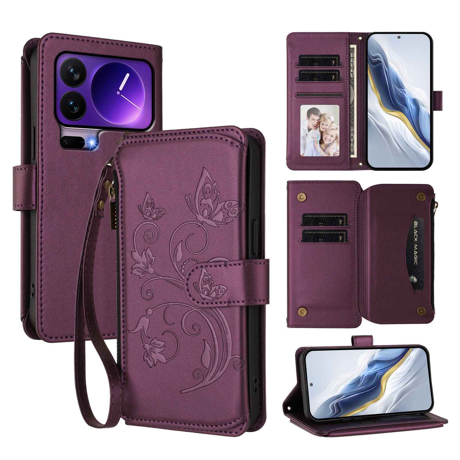 For Xiaomi 17 Pro Leather Case Butterfly Floral Imprint Zipper Wallet Stand Cover with Wrist Strap - Purple