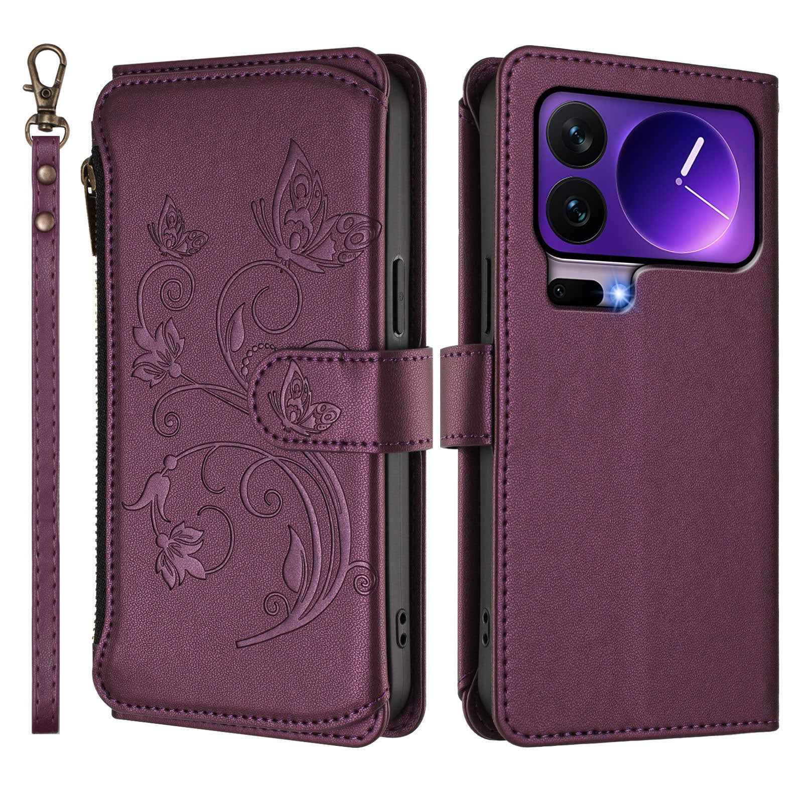 For Xiaomi 17 Pro Leather Case Butterfly Floral Imprint Zipper Wallet Stand Cover with Wrist Strap - Purple