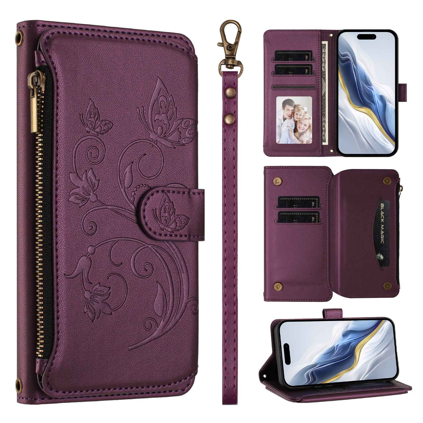 For Xiaomi 17 Pro Leather Case Butterfly Floral Imprint Zipper Wallet Stand Cover with Wrist Strap - Purple