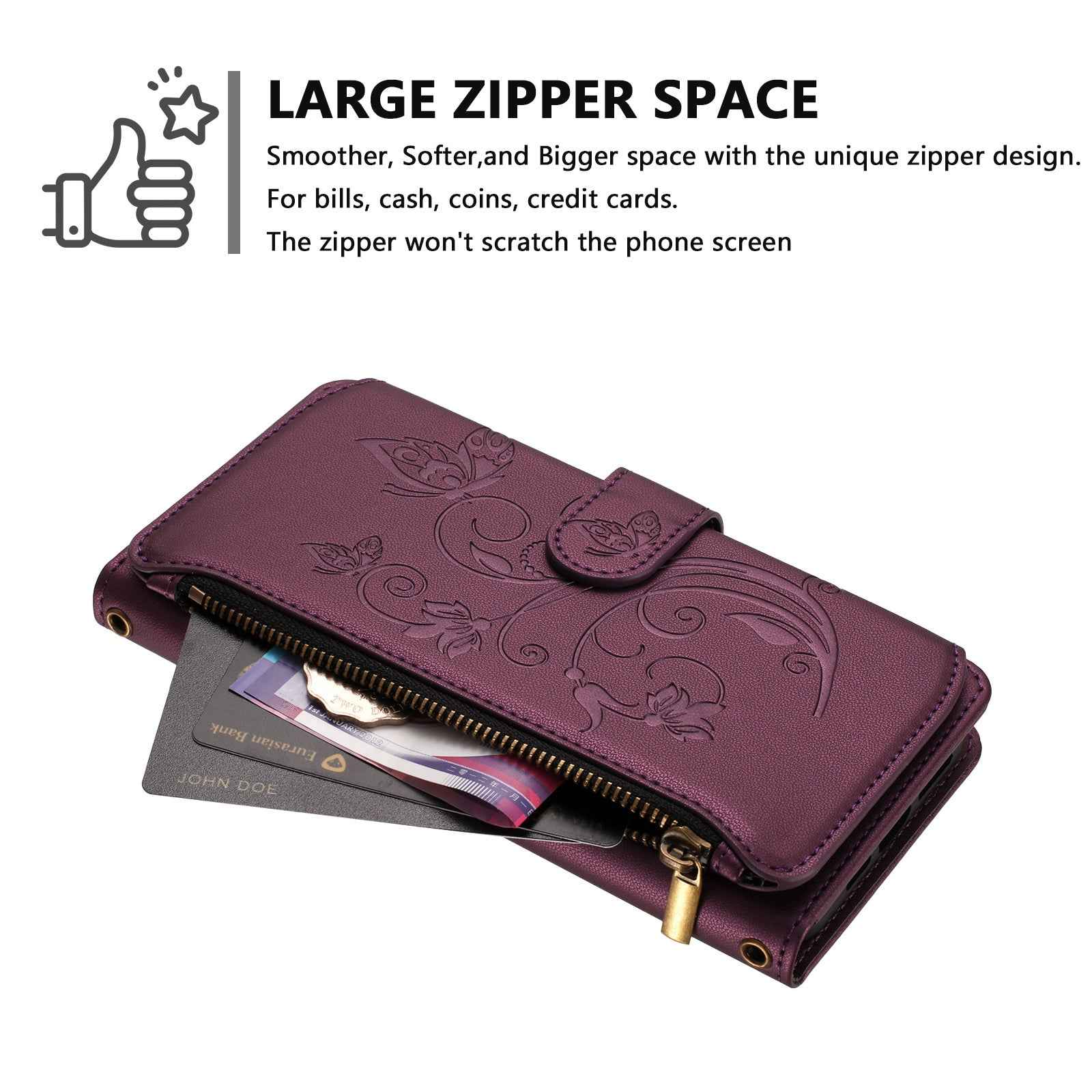 For Xiaomi 17 Pro Leather Case Butterfly Floral Imprint Zipper Wallet Stand Cover with Wrist Strap - Purple