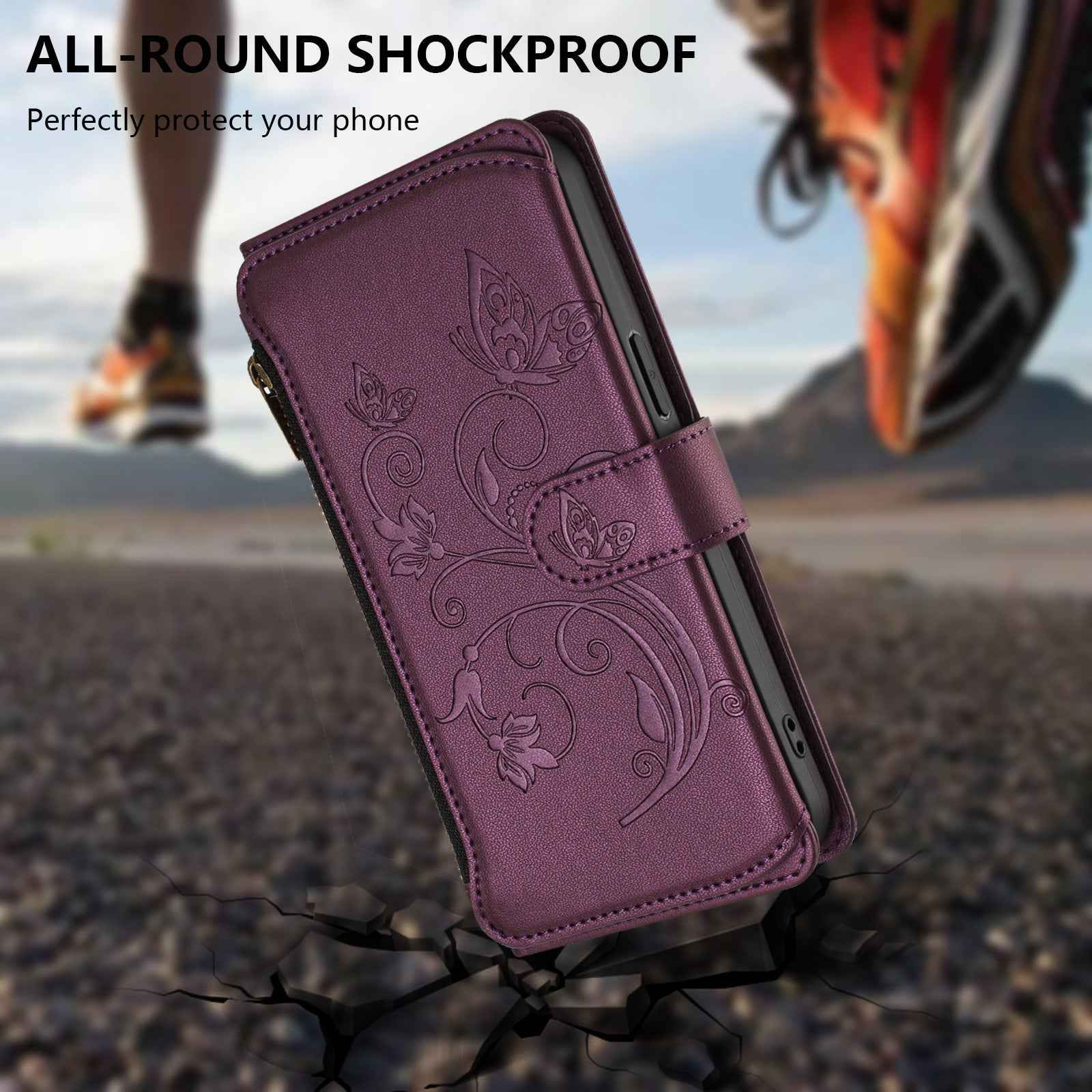 For Xiaomi 17 Pro Leather Case Butterfly Floral Imprint Zipper Wallet Stand Cover with Wrist Strap - Purple