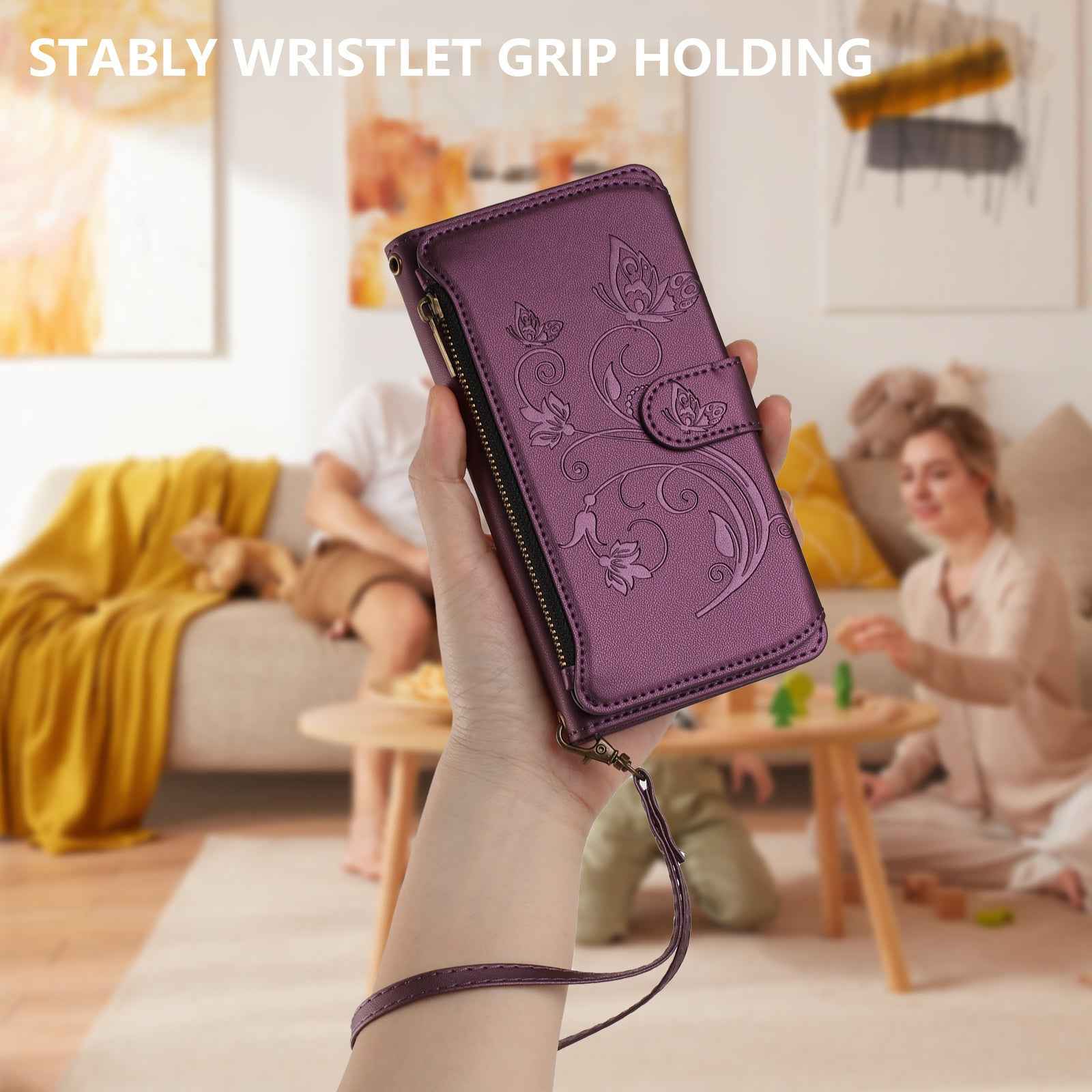 For Xiaomi 17 Pro Leather Case Butterfly Floral Imprint Zipper Wallet Stand Cover with Wrist Strap - Purple