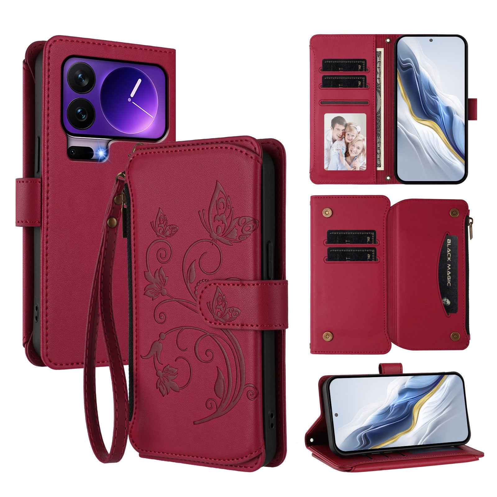 For Xiaomi 17 Pro Leather Case Butterfly Floral Imprint Zipper Wallet Stand Cover with Wrist Strap - Wine Red