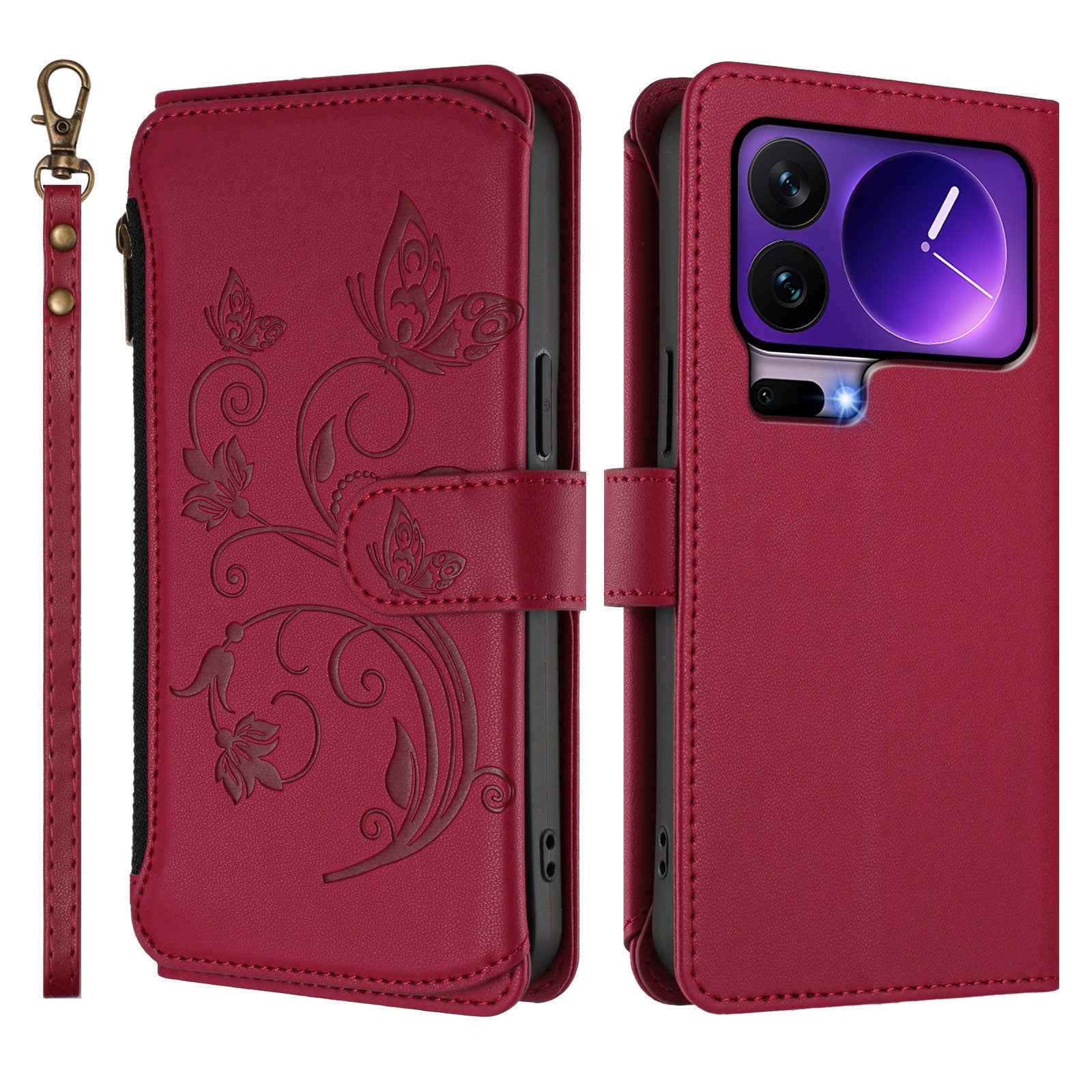 For Xiaomi 17 Pro Leather Case Butterfly Floral Imprint Zipper Wallet Stand Cover with Wrist Strap - Wine Red