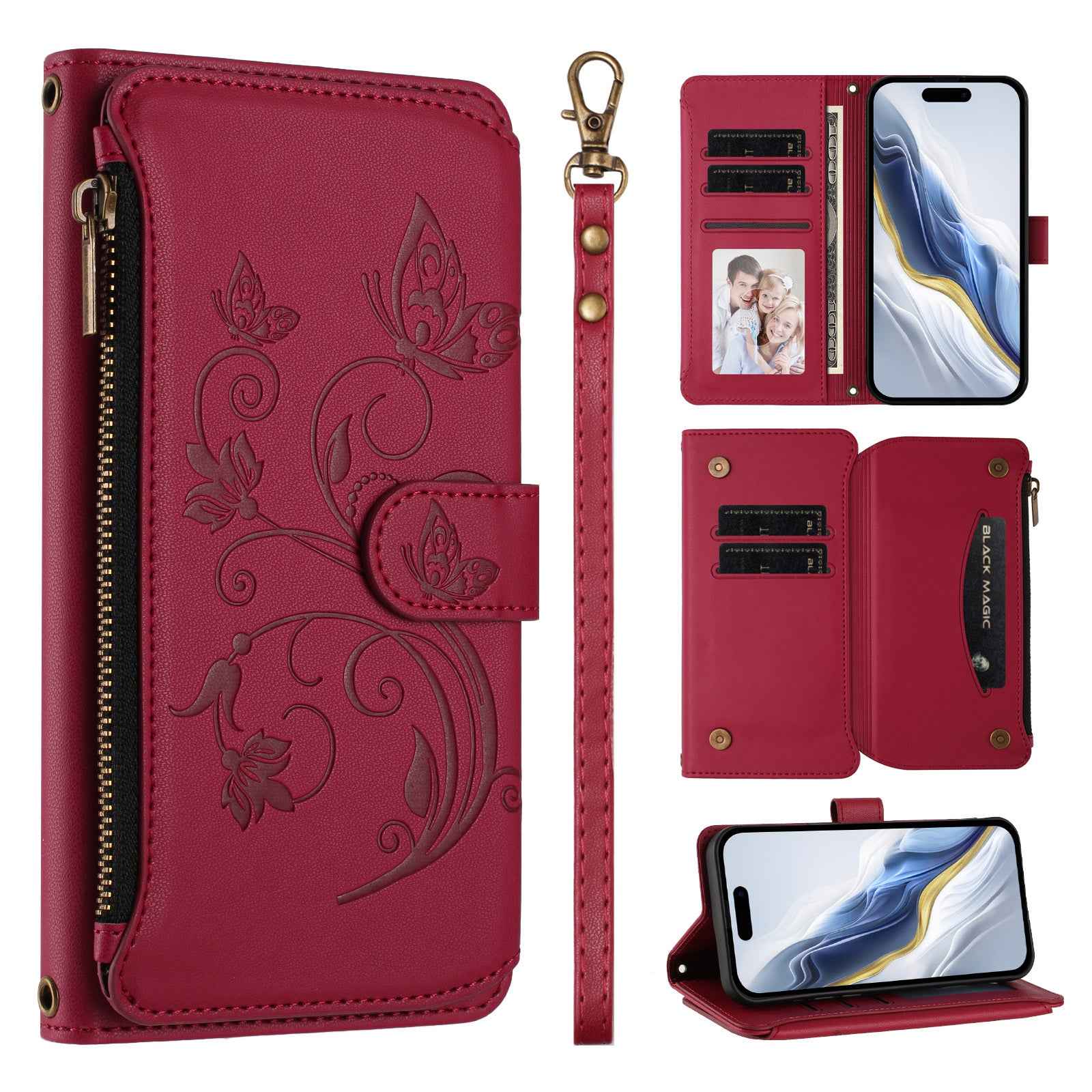 For Xiaomi 17 Pro Leather Case Butterfly Floral Imprint Zipper Wallet Stand Cover with Wrist Strap - Wine Red