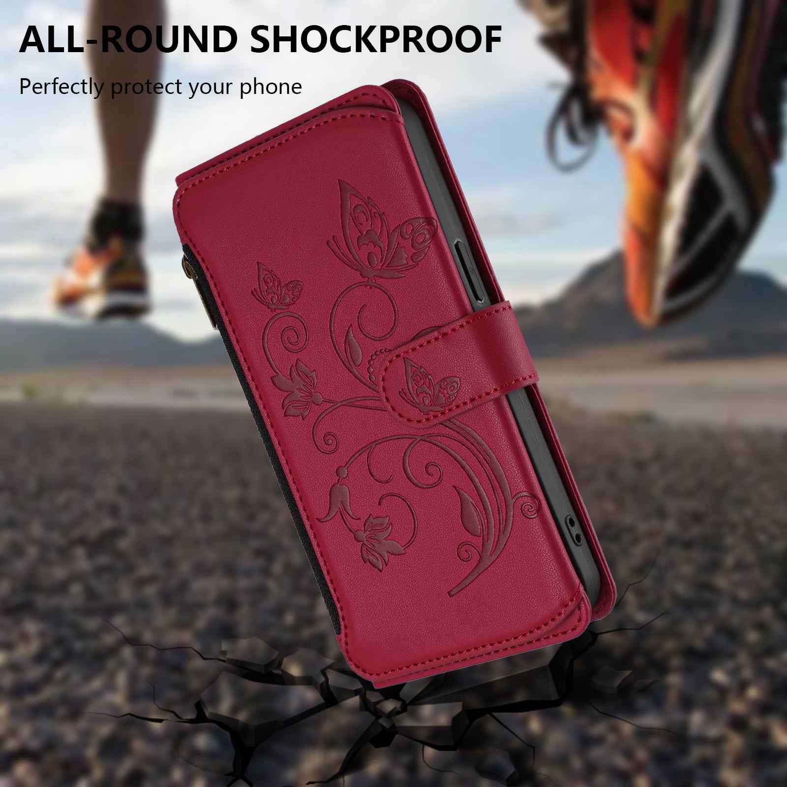 For Xiaomi 17 Pro Leather Case Butterfly Floral Imprint Zipper Wallet Stand Cover with Wrist Strap - Wine Red
