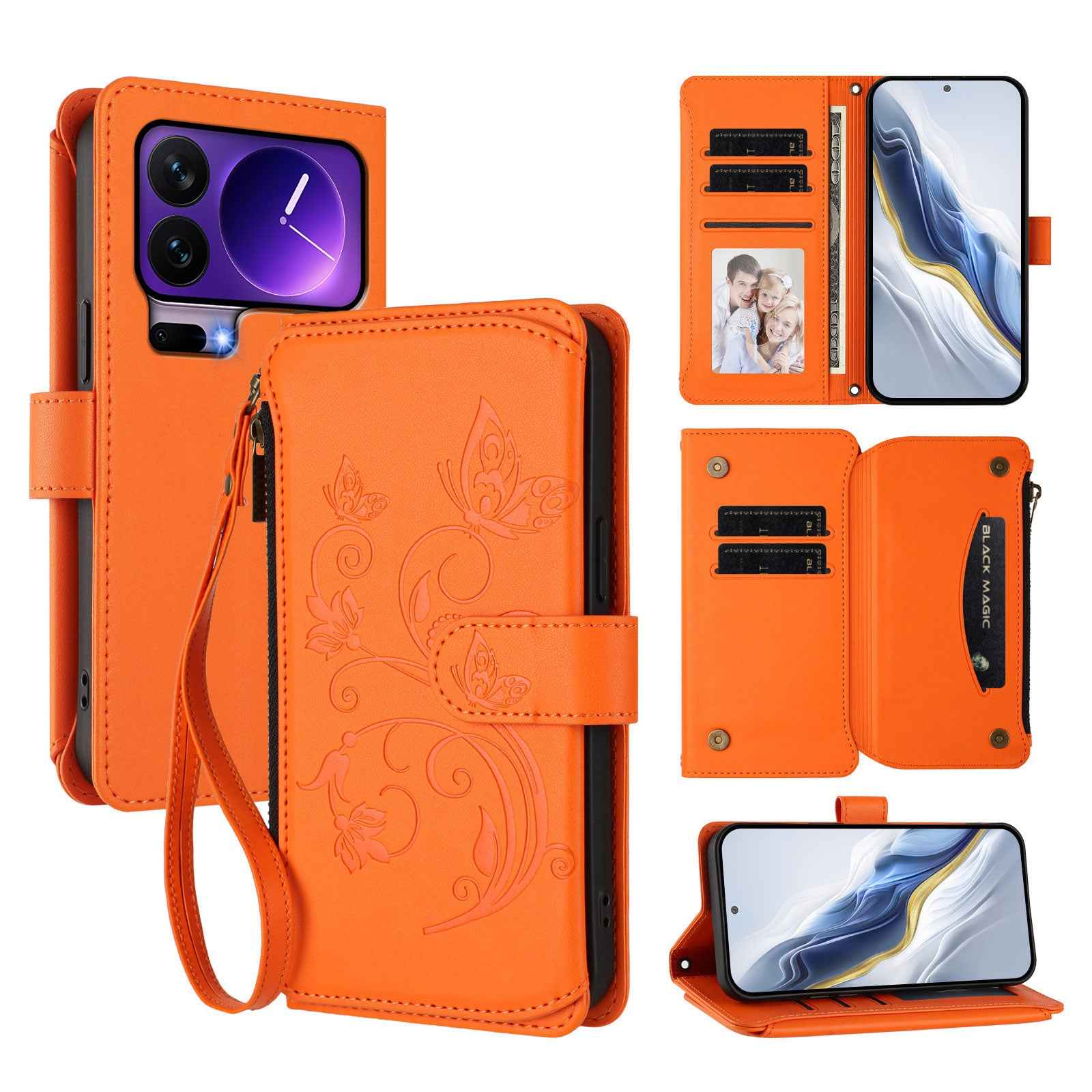 For Xiaomi 17 Pro Leather Case Butterfly Floral Imprint Zipper Wallet Stand Cover with Wrist Strap - Orange