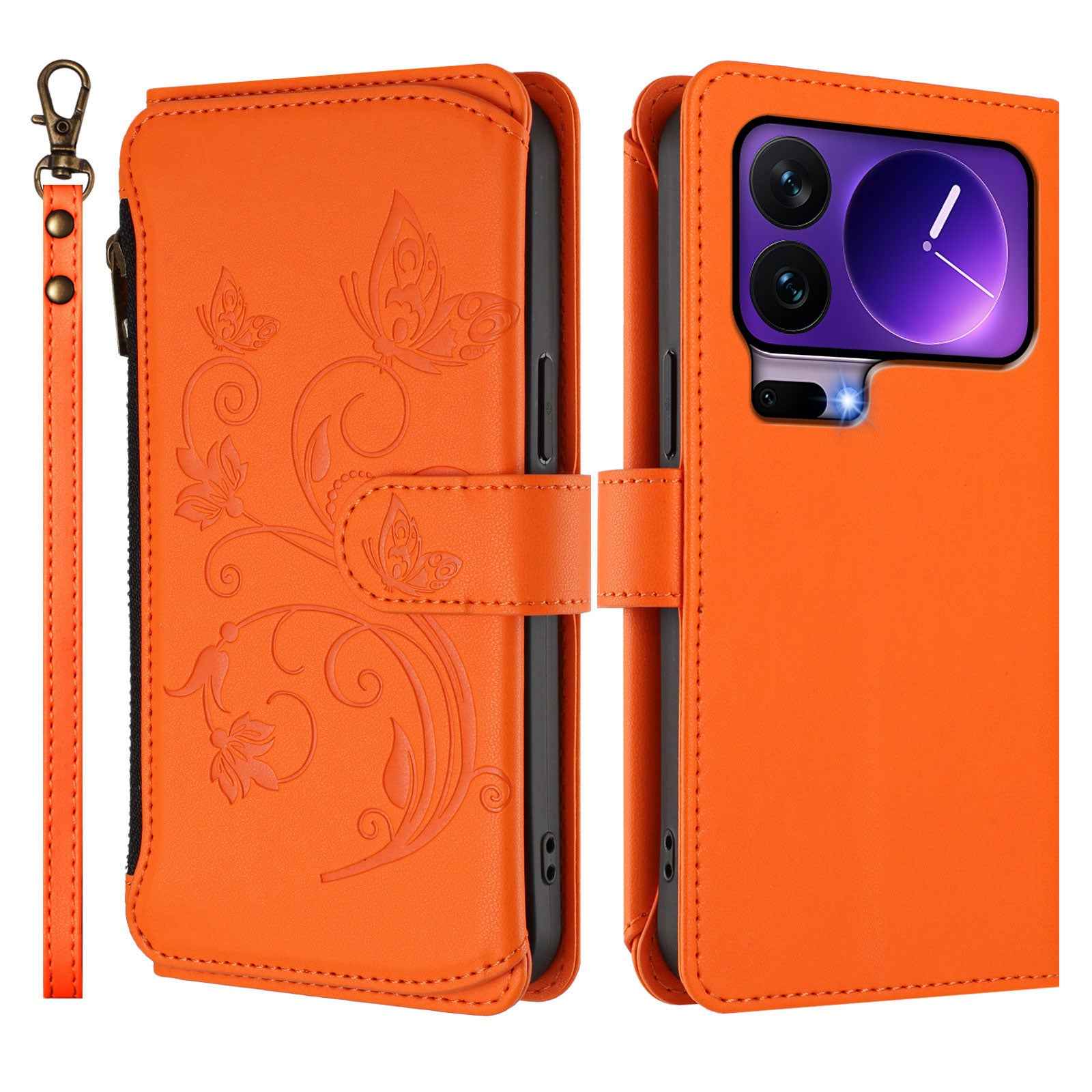 For Xiaomi 17 Pro Leather Case Butterfly Floral Imprint Zipper Wallet Stand Cover with Wrist Strap - Orange