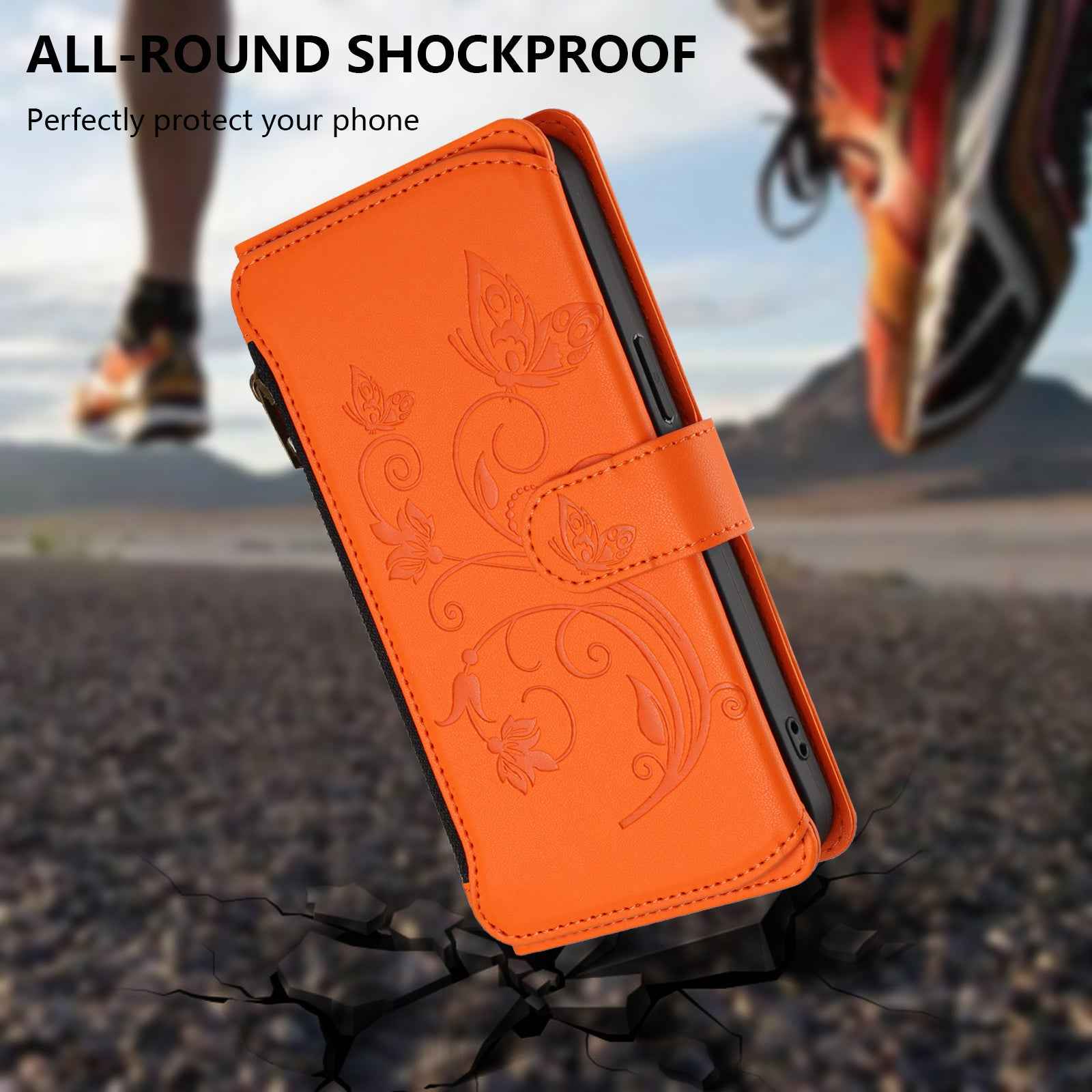 For Xiaomi 17 Pro Leather Case Butterfly Floral Imprint Zipper Wallet Stand Cover with Wrist Strap - Orange