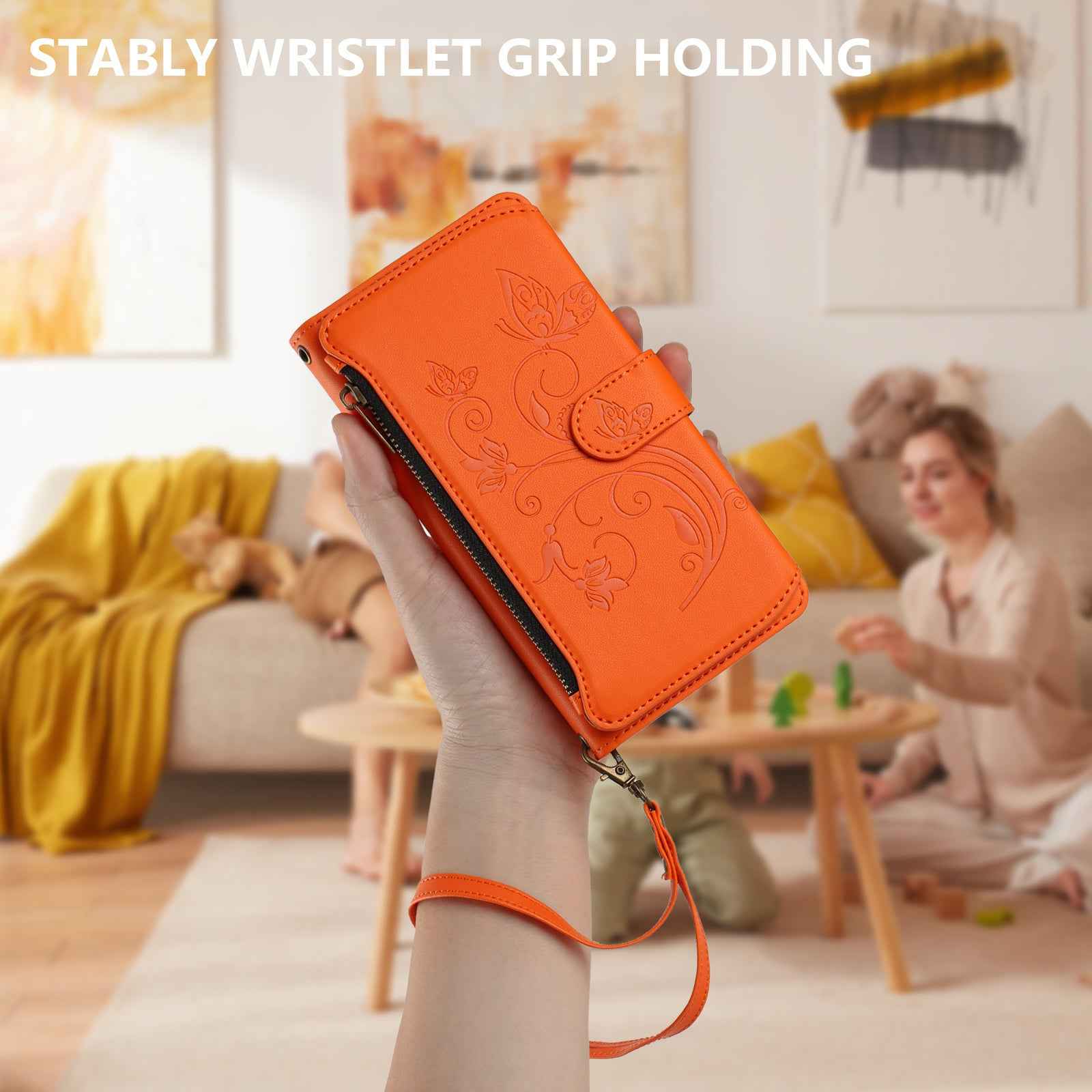 For Xiaomi 17 Pro Leather Case Butterfly Floral Imprint Zipper Wallet Stand Cover with Wrist Strap - Orange