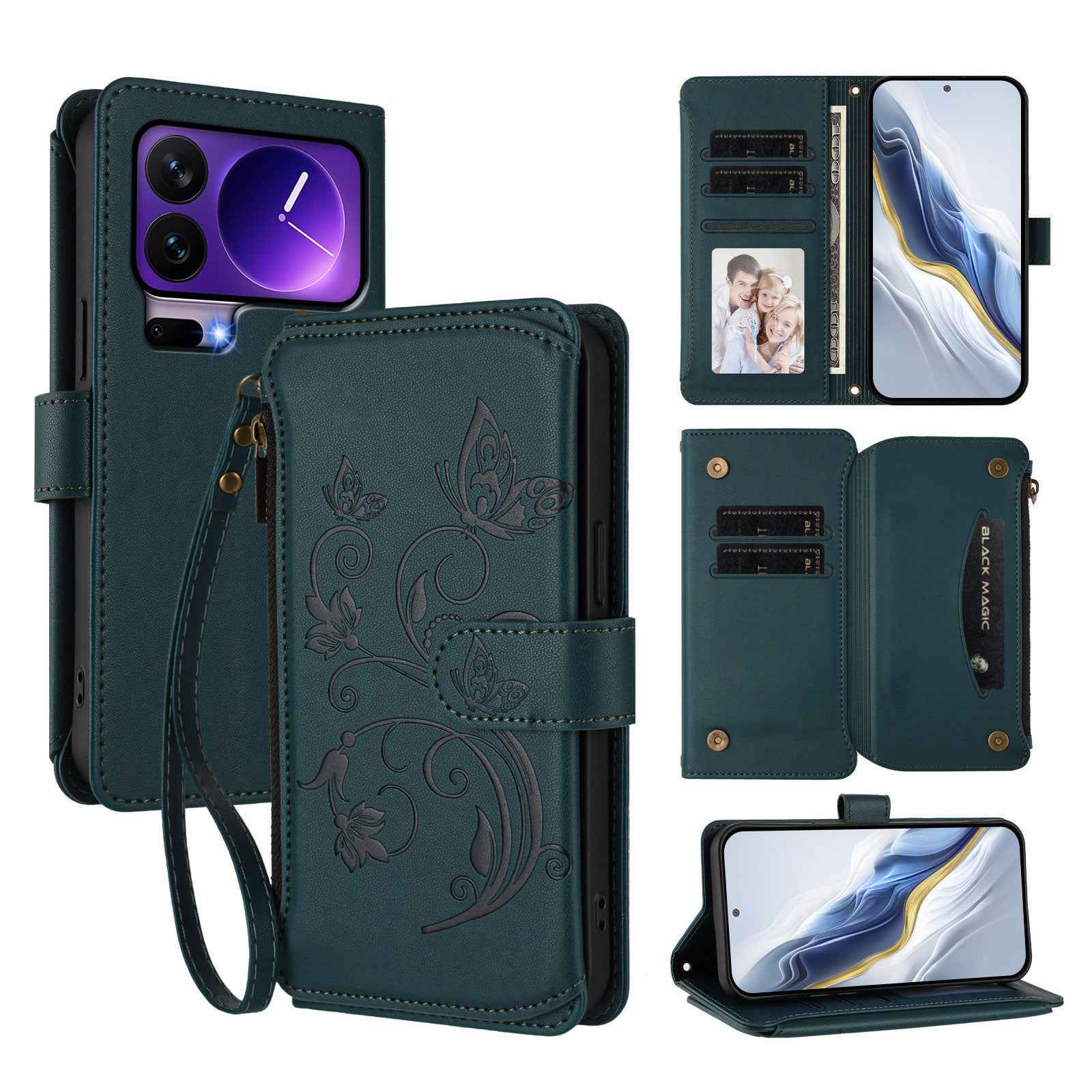 For Xiaomi 17 Pro Leather Case Butterfly Floral Imprint Zipper Wallet Stand Cover with Wrist Strap - Green