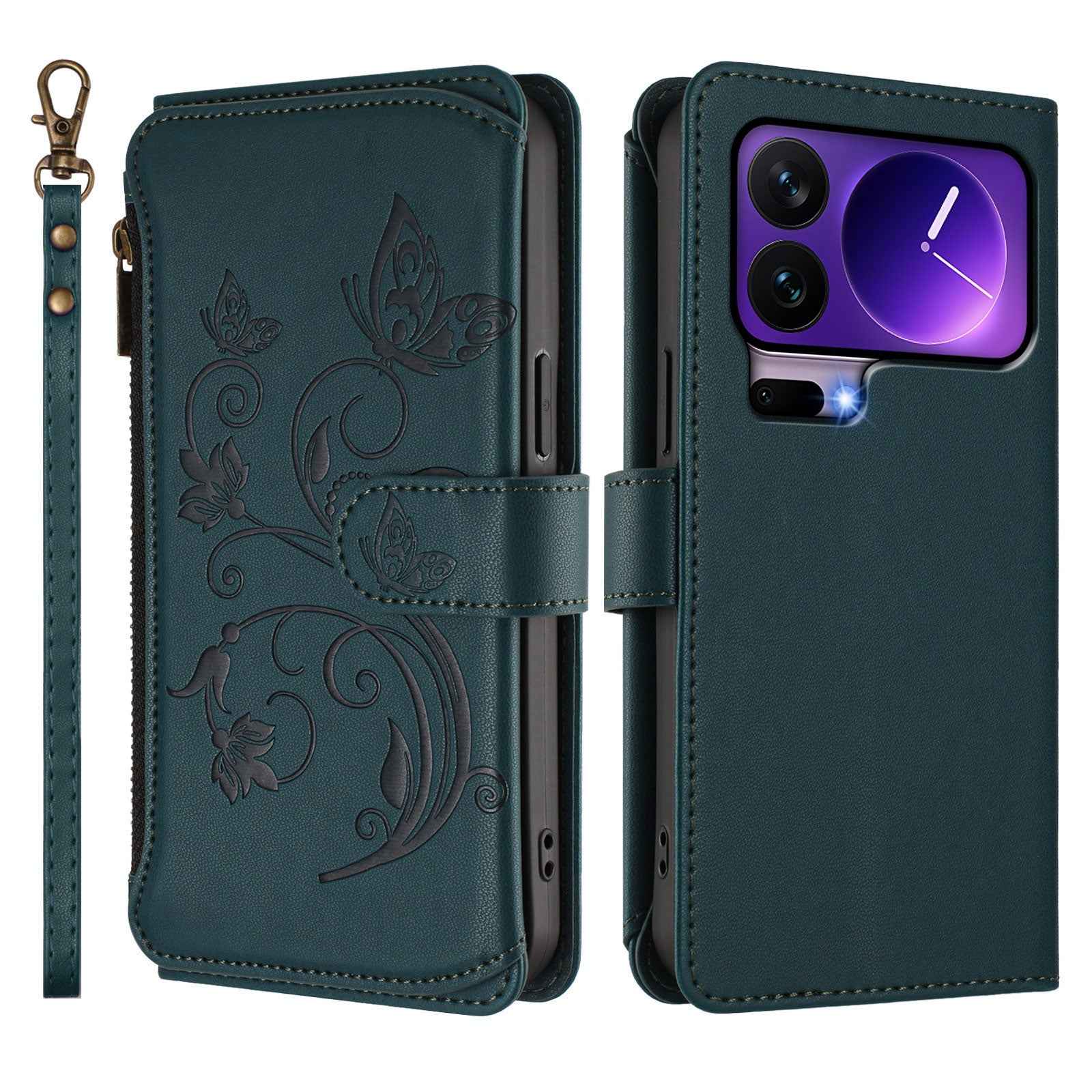For Xiaomi 17 Pro Leather Case Butterfly Floral Imprint Zipper Wallet Stand Cover with Wrist Strap - Green