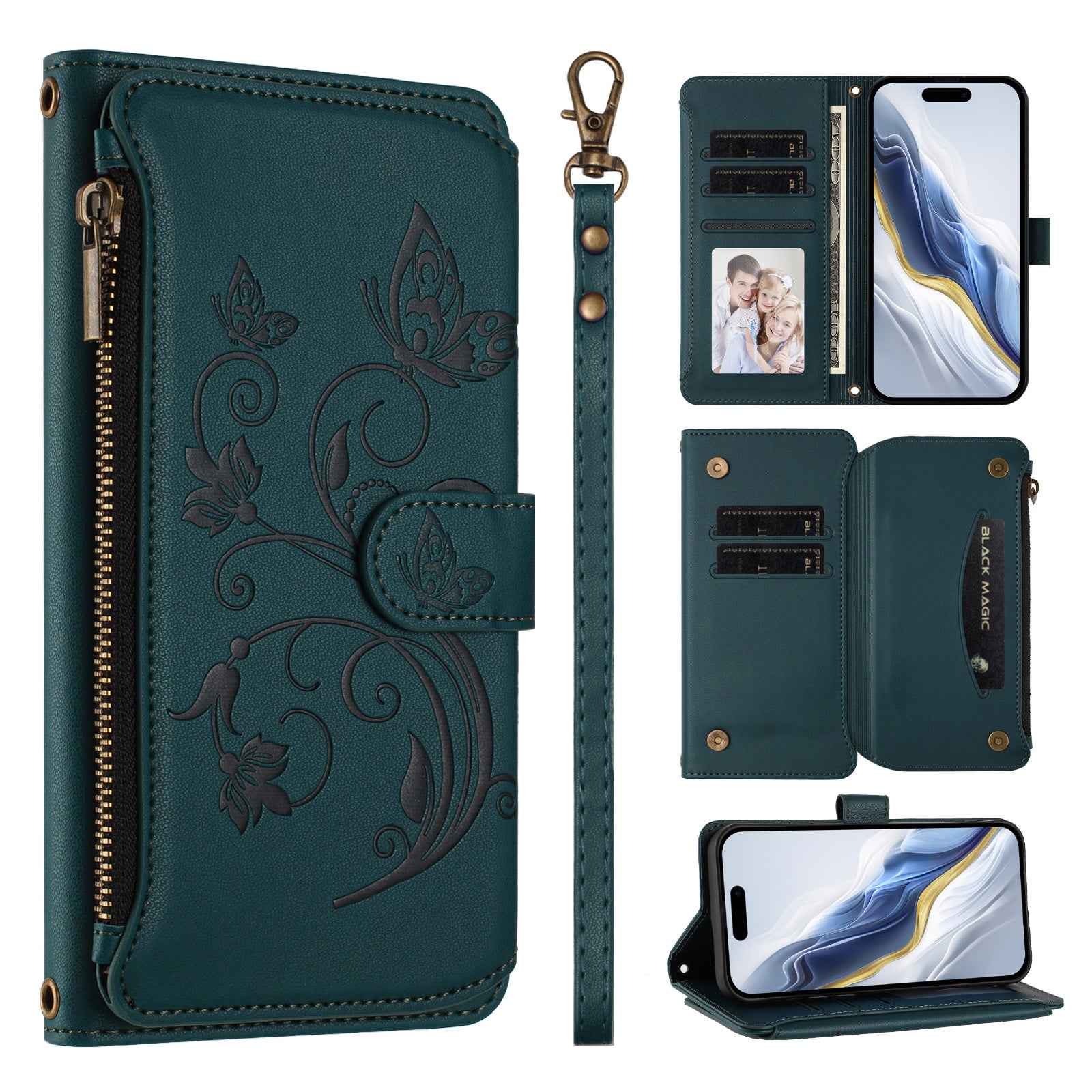 For Xiaomi 17 Pro Leather Case Butterfly Floral Imprint Zipper Wallet Stand Cover with Wrist Strap - Green