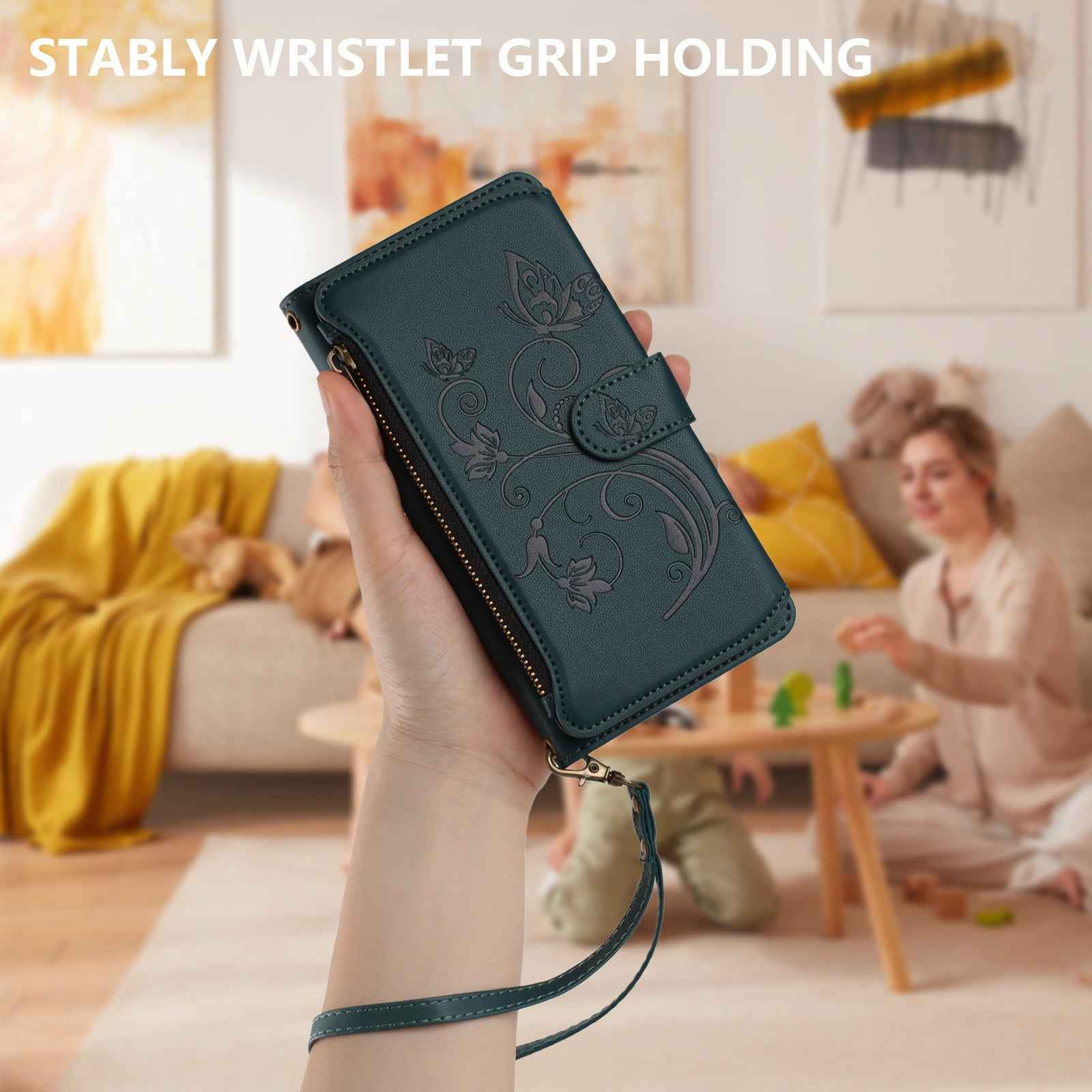 For Xiaomi 17 Pro Leather Case Butterfly Floral Imprint Zipper Wallet Stand Cover with Wrist Strap - Green