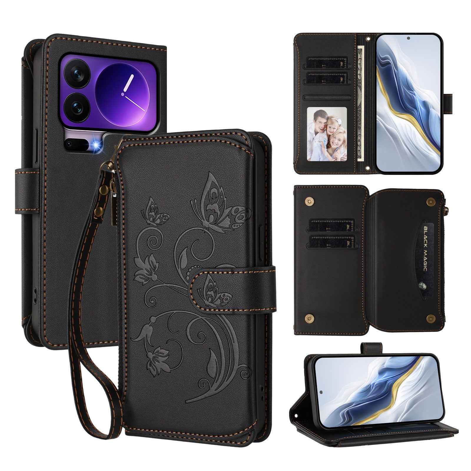 For Xiaomi 17 Pro Leather Case Butterfly Floral Imprint Zipper Wallet Stand Cover with Wrist Strap - Black