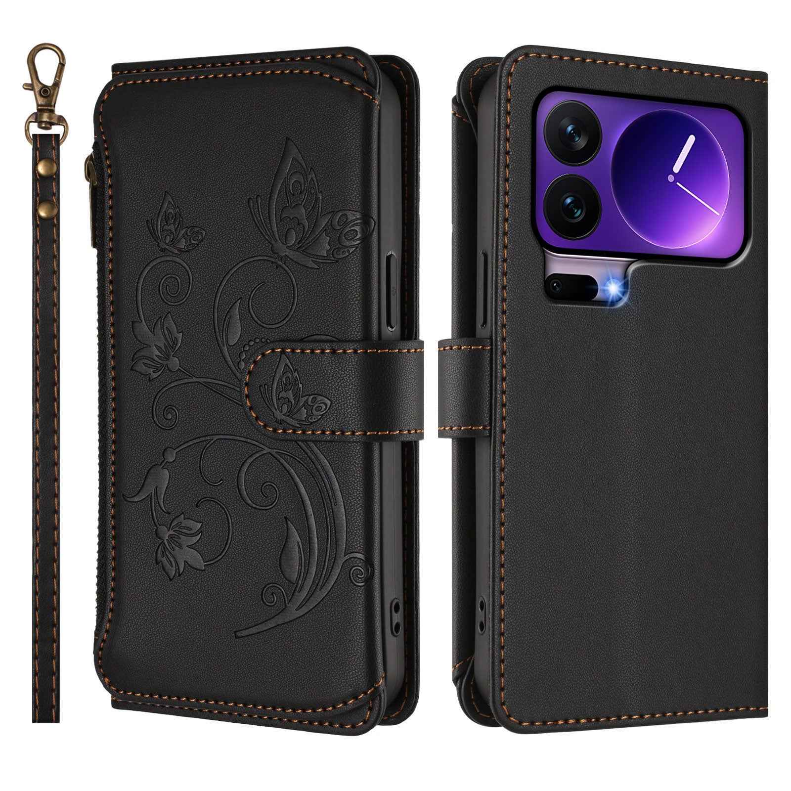For Xiaomi 17 Pro Leather Case Butterfly Floral Imprint Zipper Wallet Stand Cover with Wrist Strap - Black