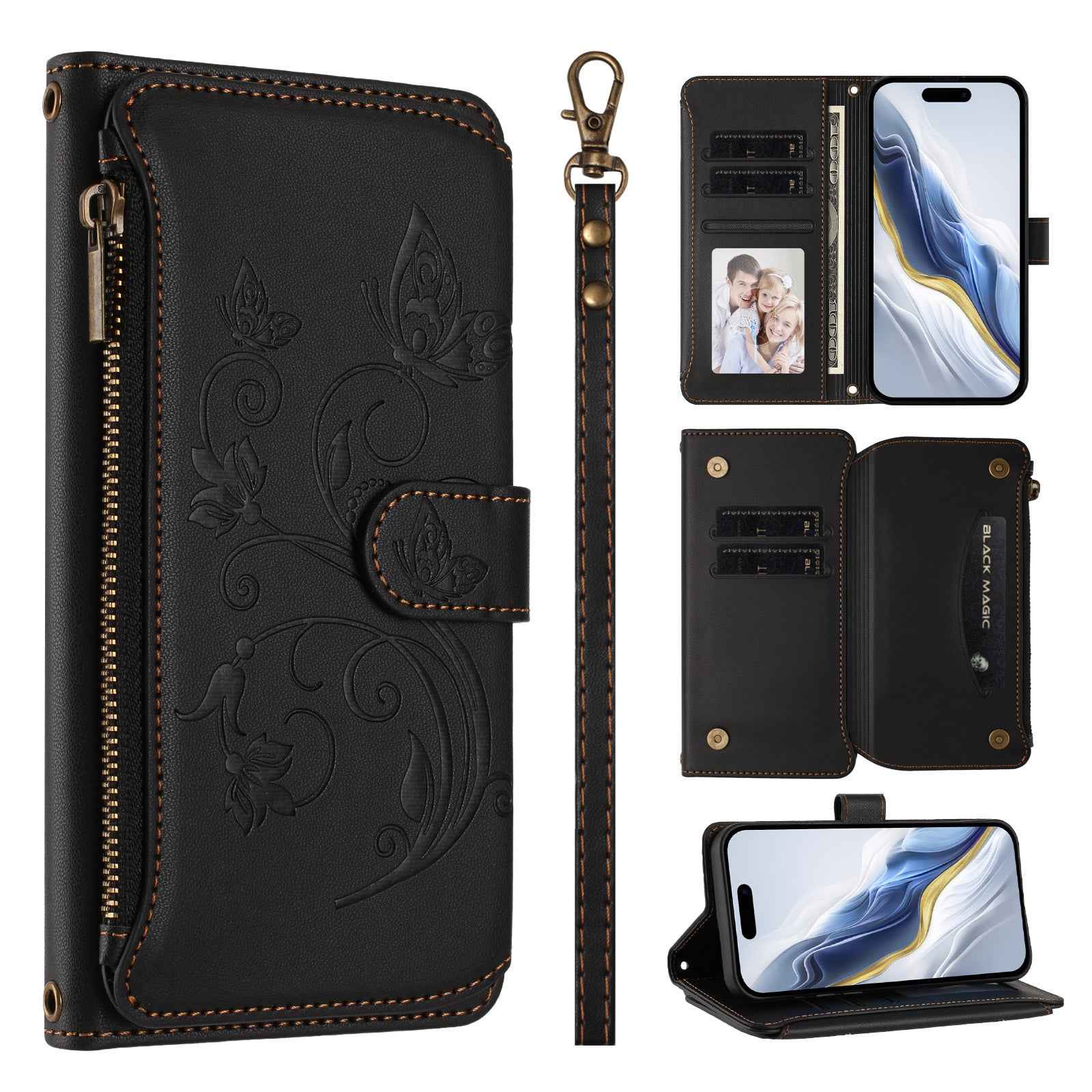 For Xiaomi 17 Pro Leather Case Butterfly Floral Imprint Zipper Wallet Stand Cover with Wrist Strap - Black
