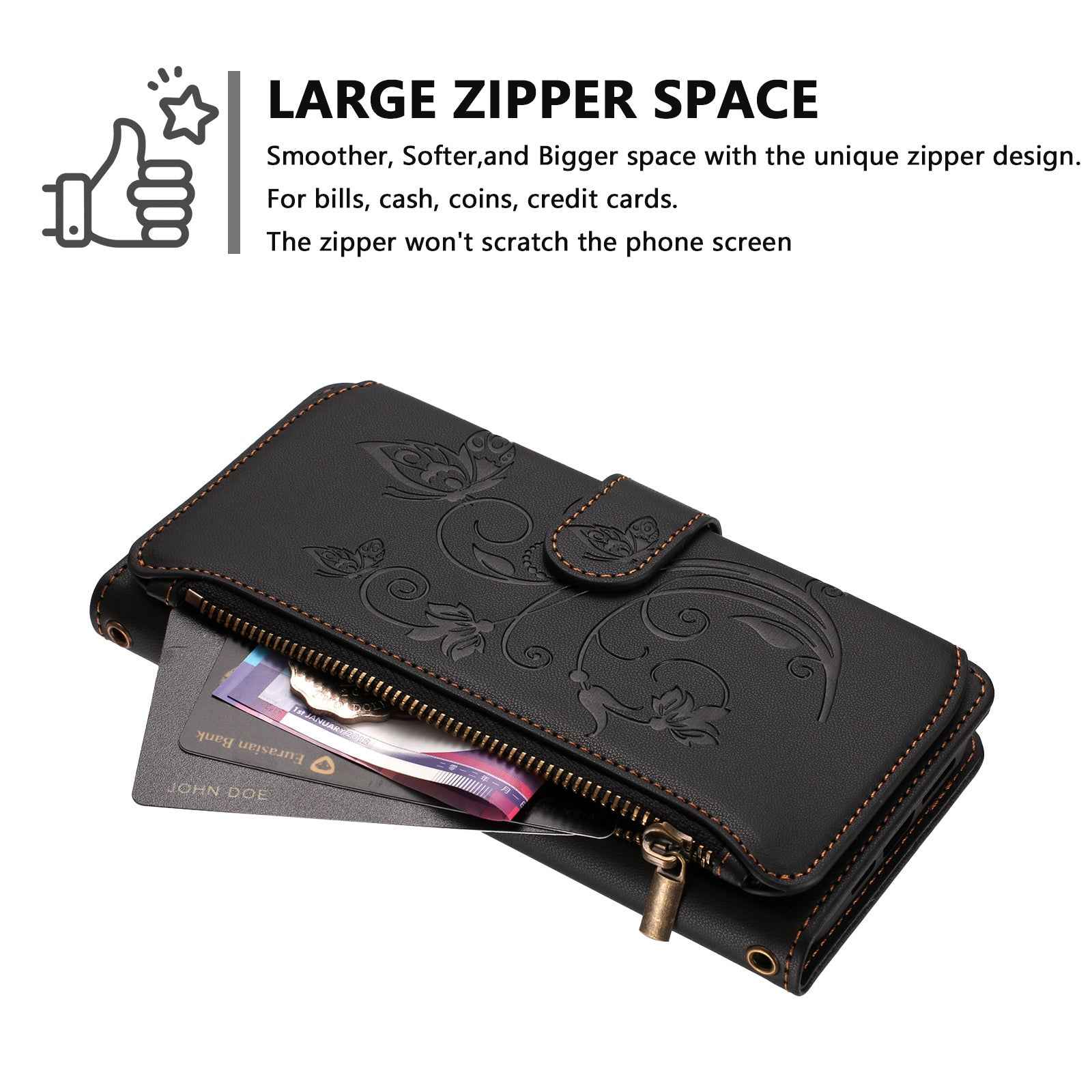 For Xiaomi 17 Pro Leather Case Butterfly Floral Imprint Zipper Wallet Stand Cover with Wrist Strap - Black