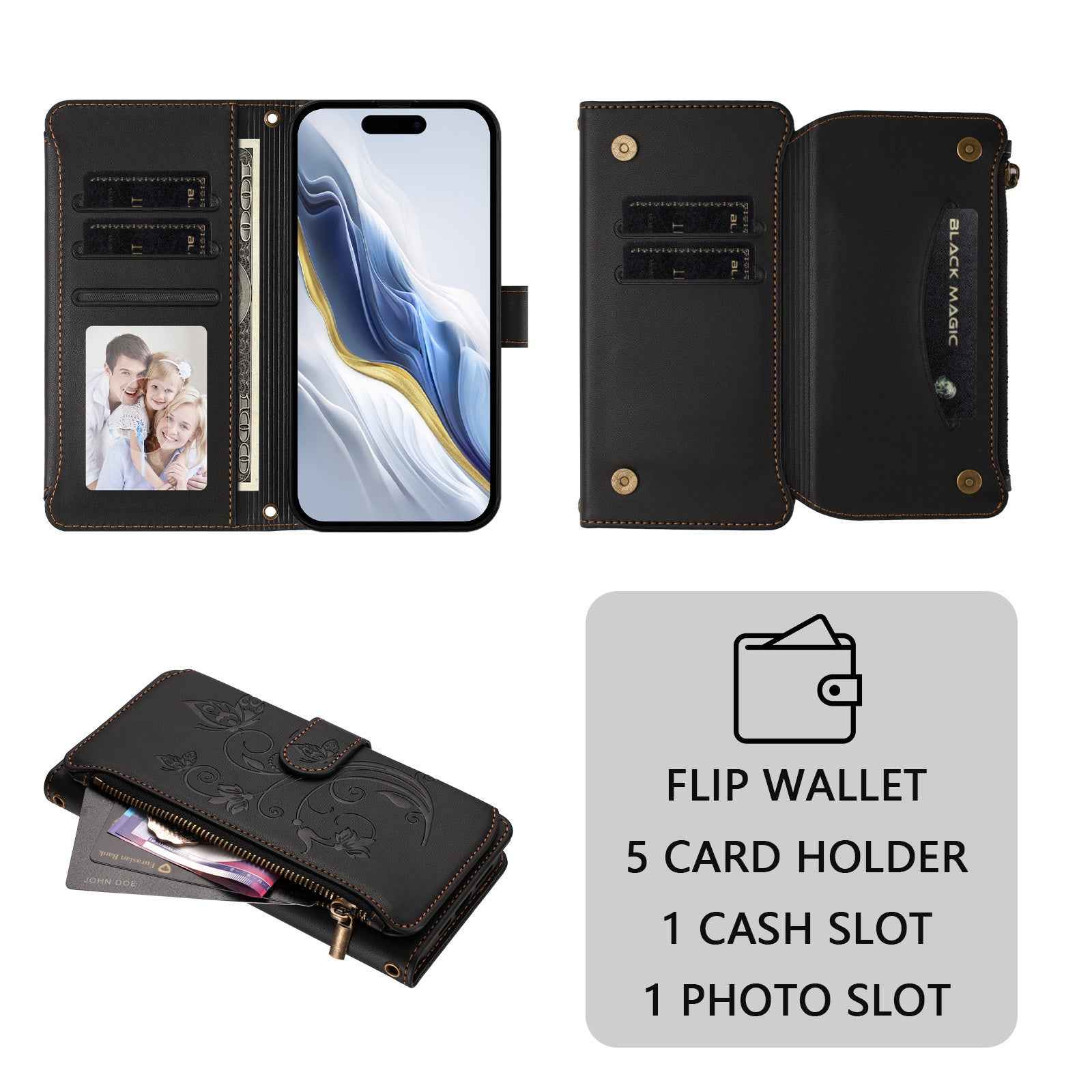 For Xiaomi 17 Pro Leather Case Butterfly Floral Imprint Zipper Wallet Stand Cover with Wrist Strap - Black