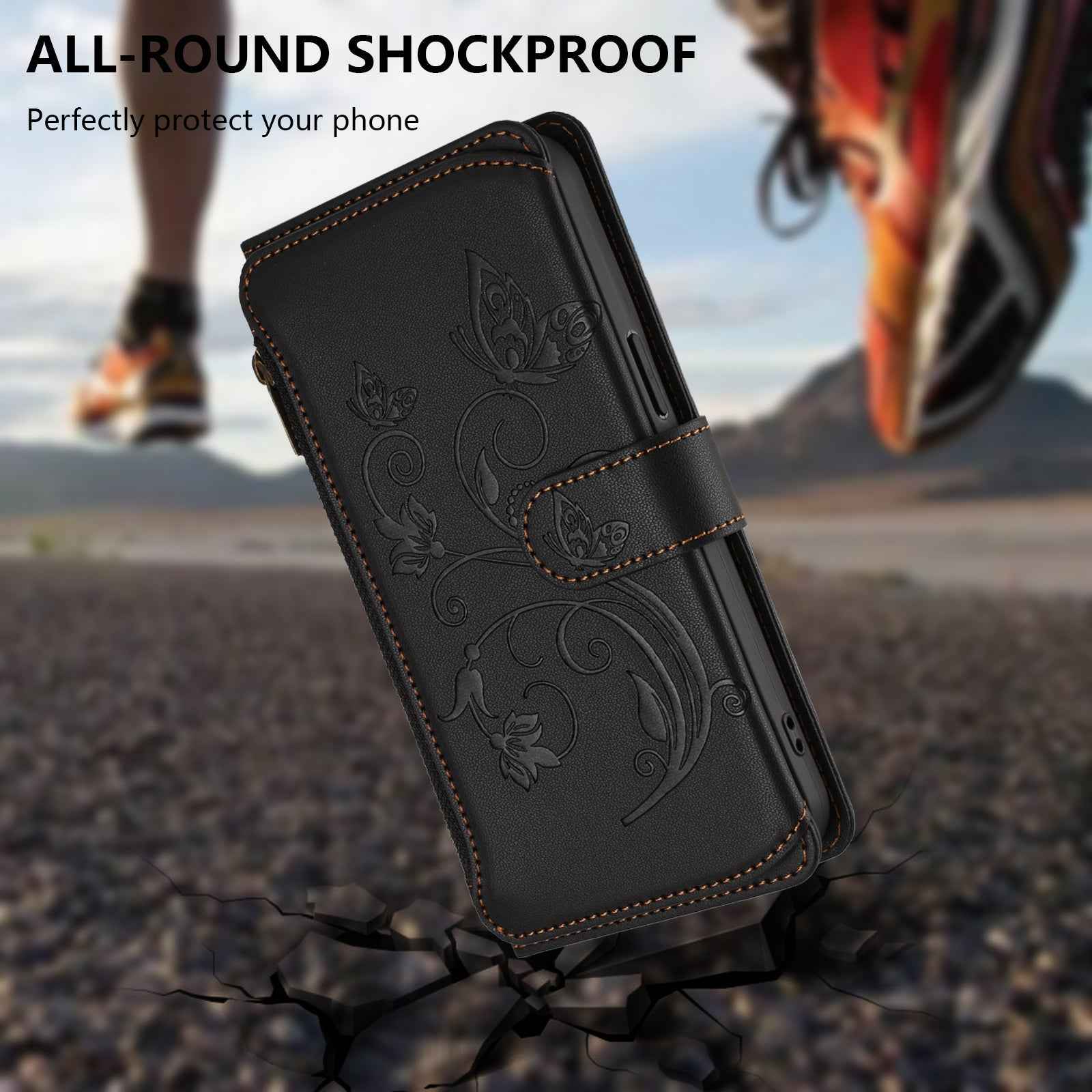 For Xiaomi 17 Pro Leather Case Butterfly Floral Imprint Zipper Wallet Stand Cover with Wrist Strap - Black